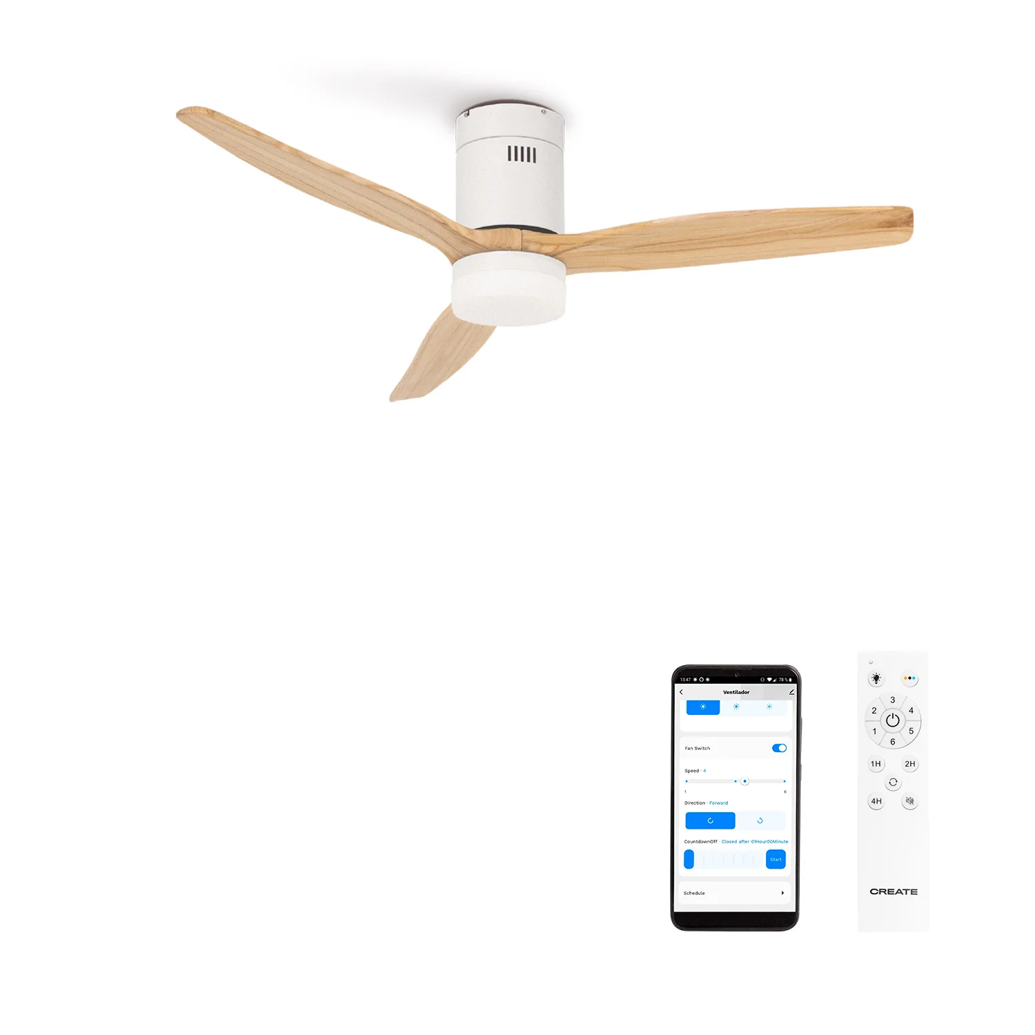 Create - 40w silent ceiling fan ø112cm or ø152cm) - 6 speeds, summer/winter function, white motor, with light- wind calm