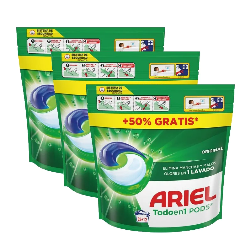 [Pack de 3] Ariel Detergente en Cápsulas Original 23+12 Dosis – Total 105 Lavados | Pods para Lavadora, Limpieza Profunda y Frescor Duradero