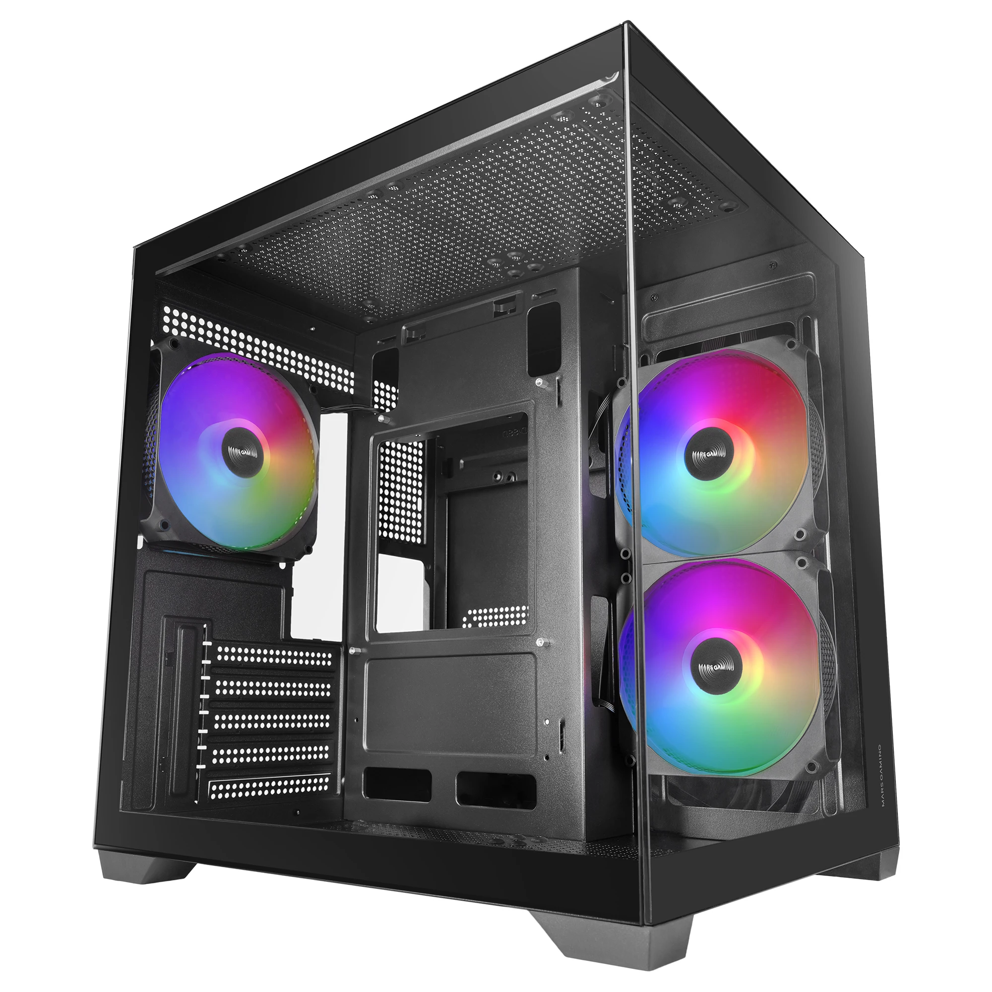 Mars Gaming MC-VIEW3, Caja PC MicroATX, Cristal Templado Panorámico, 3x Ventiladores ARGB 120mm, Doble Cámara, Soporte Refrigeraciones Líquidas hasta 240mm, Minitorre Compacta con USB-C, Negro o