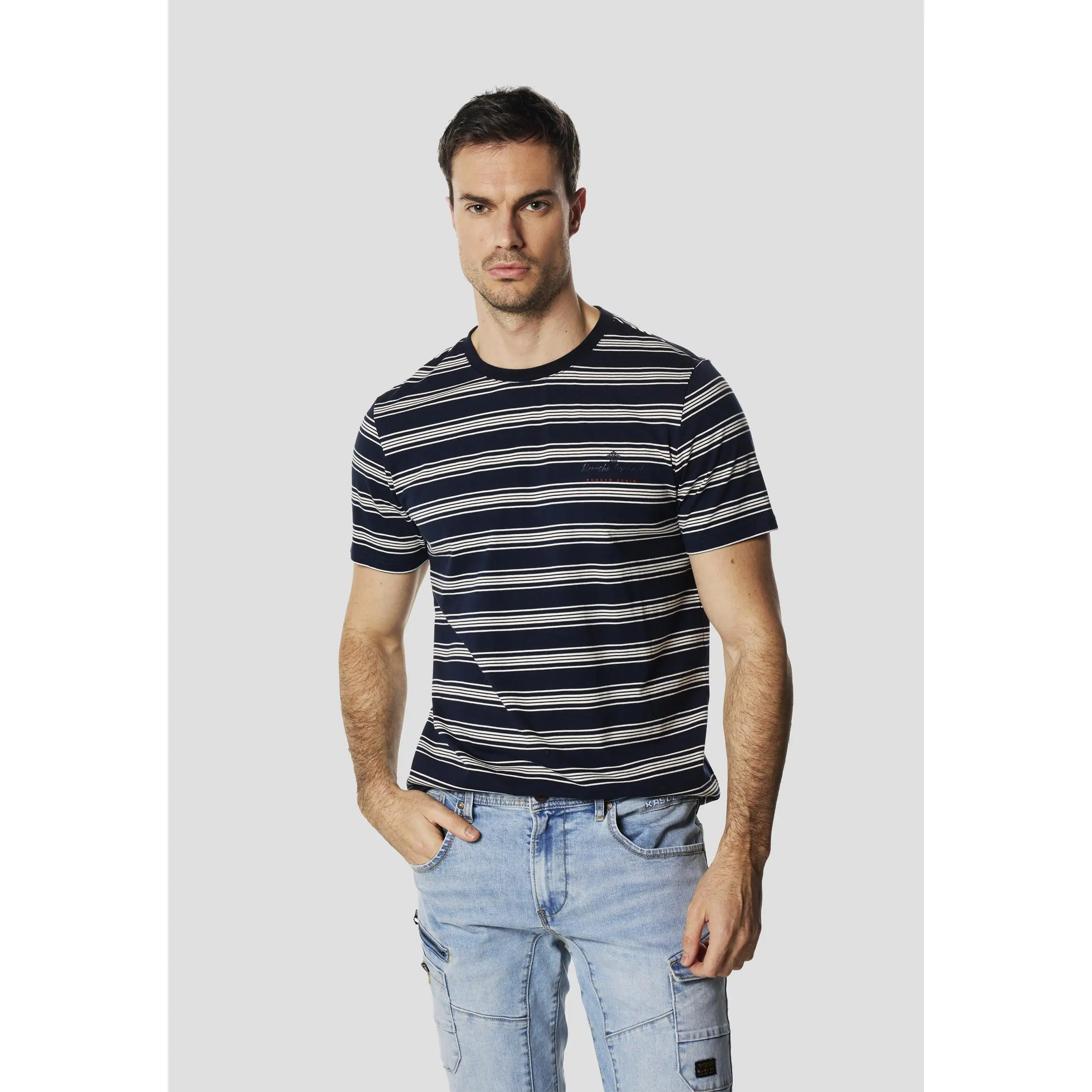 Koroshi Camiseta Hombre Manga Corta Rayas Bordado Pecho Navy – Koroshi