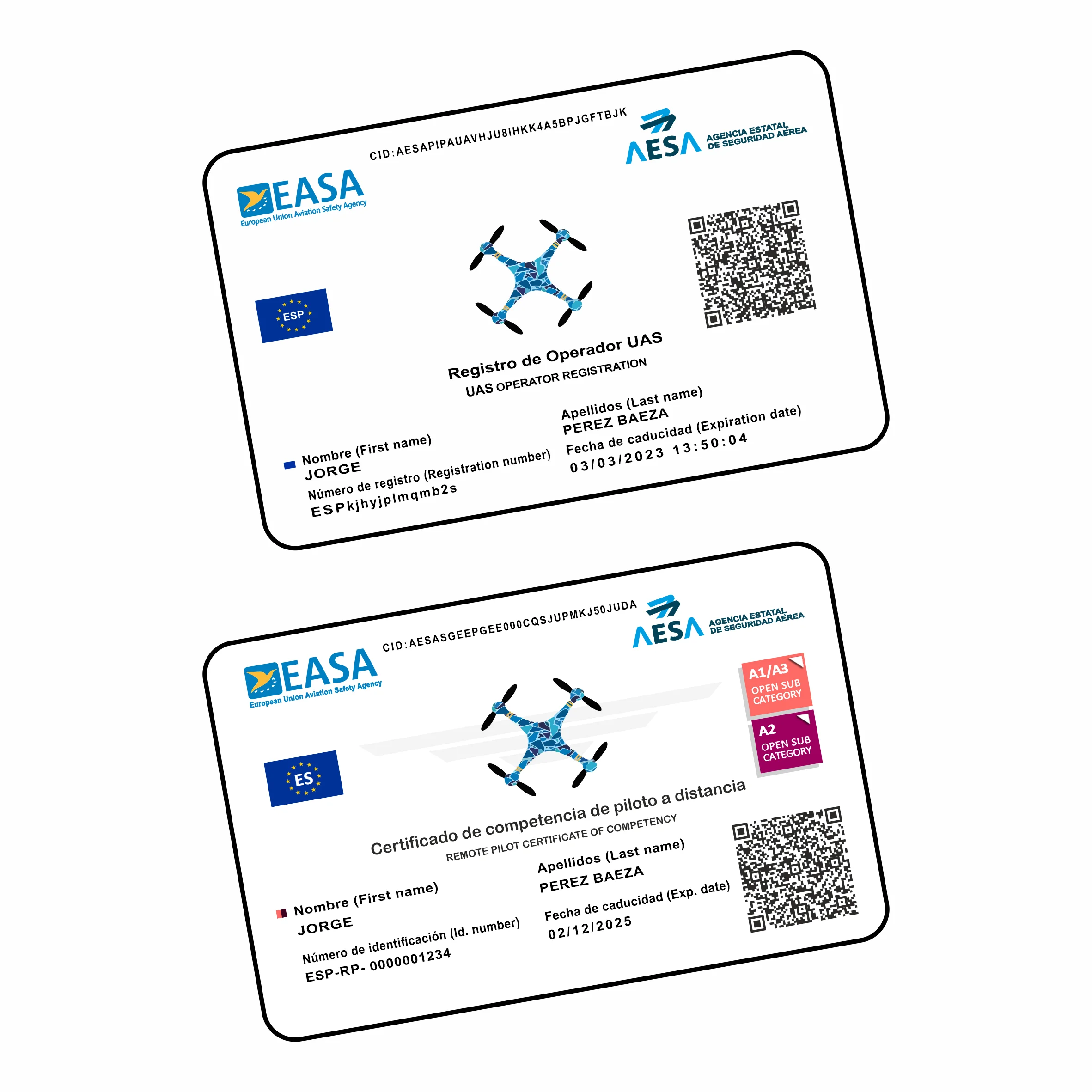SERVIVANT ● TARJETA DE PVC AESA | EASA ● Impresión Doble cara,  Número de Operador + Certificado de Piloto de drones | A1/A3 | A2 | STS (1 Tarjeta | Impresión a Doble Cara), Tarjeta Dron Personalizable