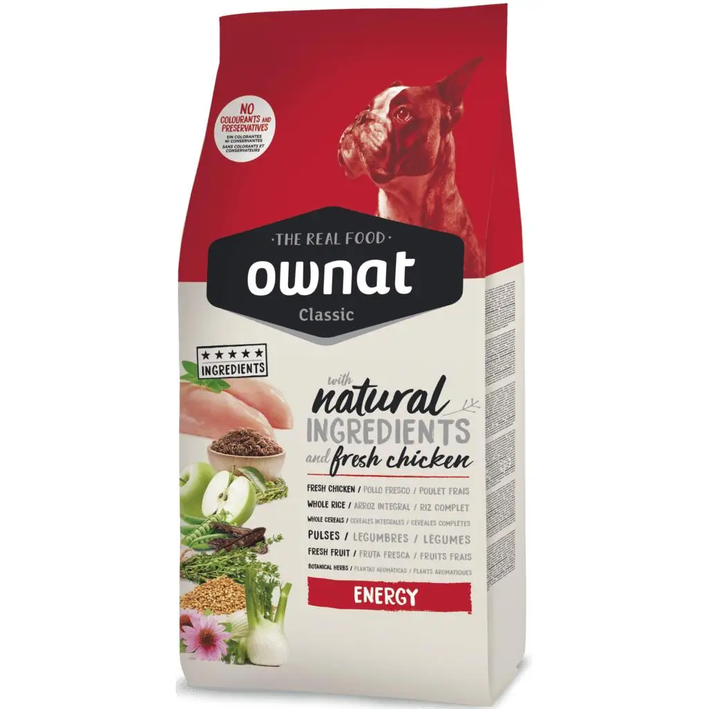 OWNAT Classic Energy 4Kg. Complete dog feed with fresh chicken, fresh fruit, legumes, cereals. For dogs that need high energy