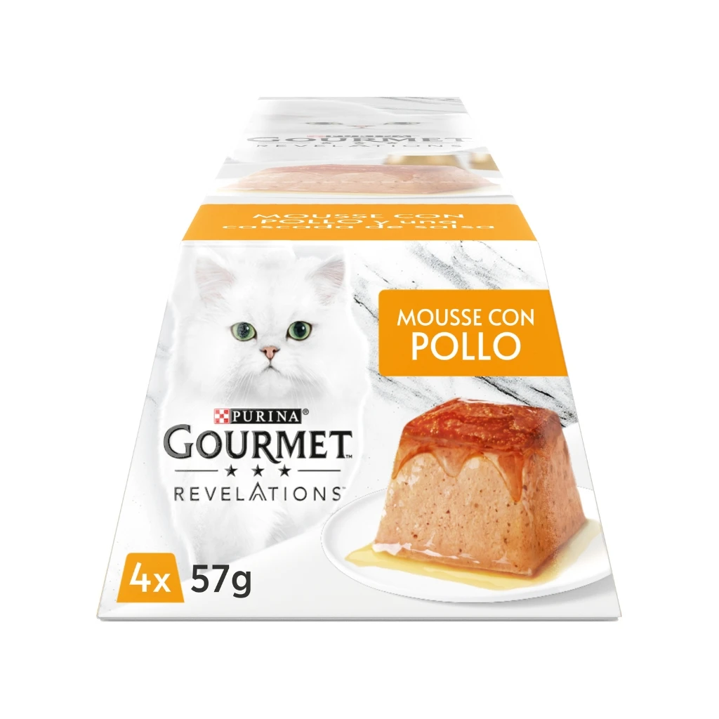 GOURMET Revelations Mousse con Pollo (4x57gr) - Comida Húmeda en Pirámide con Salsa para Gatos Adultos