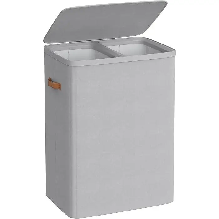 SONGMICS Cesto para la Ropa Sucia, Bolsa de Basura de 170 L, 2 Compartimentos, Fácil Montaje, con Asas para la Tapa, Bolsa Interior Extraíble, 56 x 40 x 75 cm, Gris Paloma