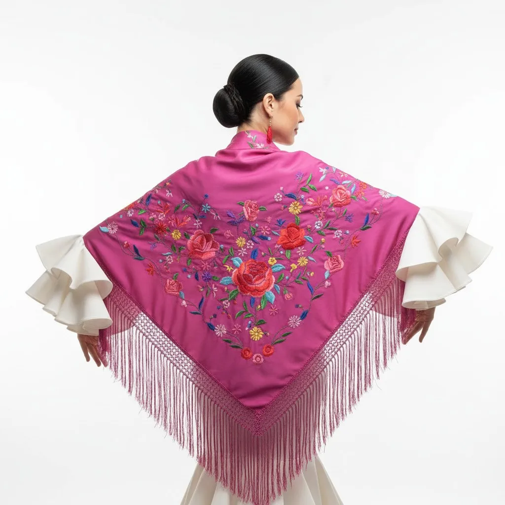 Mantón de flamenco de color buganvilla con los bordados de floral multicolores