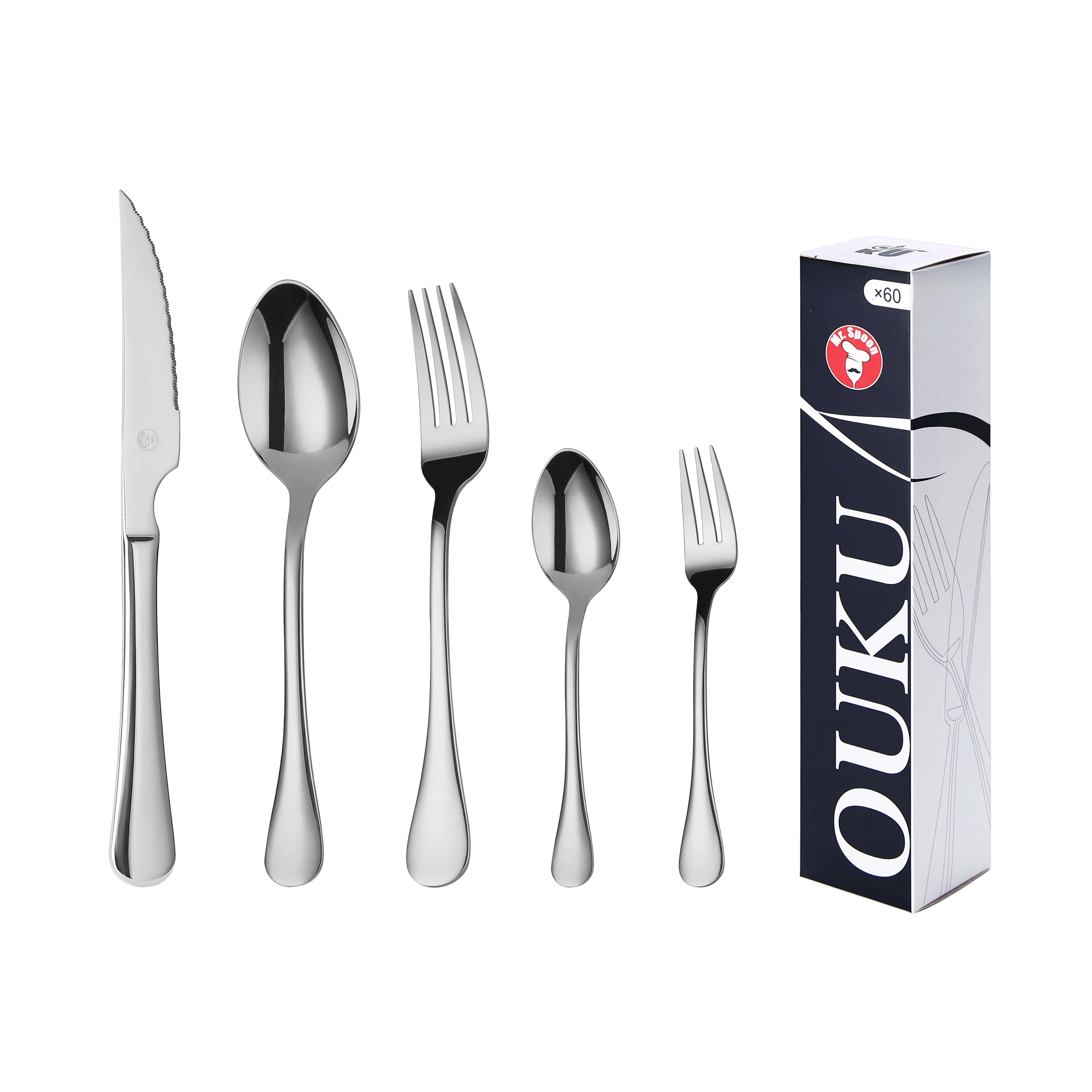 Mr.Spoon Serie Liso Juego de 60 o 72 piezas cubiertos,Acero Inoxidable18/0,Plateado,Económico y funcional,Incluye cuchillo de carne o mesa,tenedor,cuchara,cucharilla,etc.Mango monobloque,Apto para