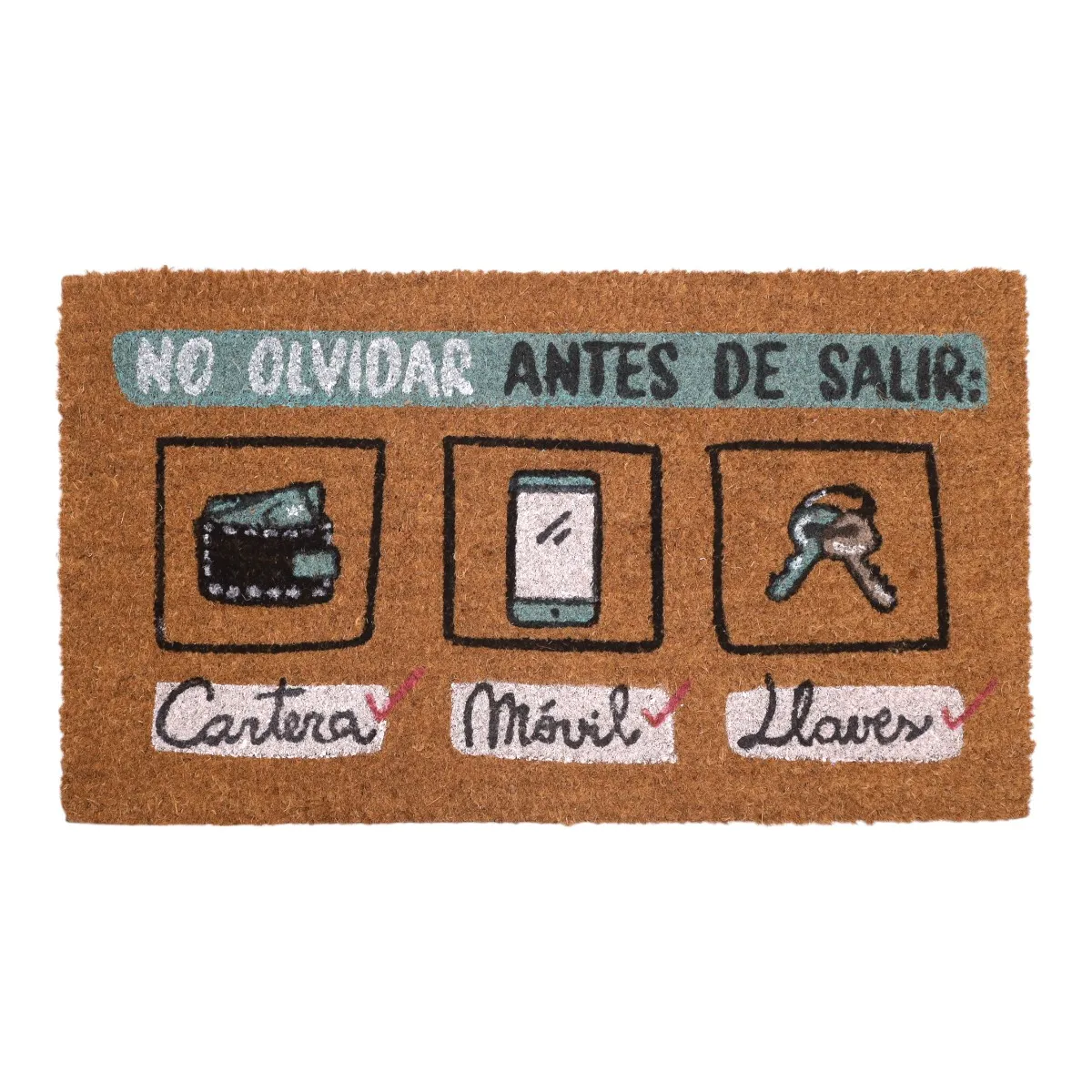 Fun doormat 40x70 cm – “don't forget: wallet, mobile phone, keys” |   Natural coconut fiber with non-slip base |   Entrance mat for outdoor and indoor