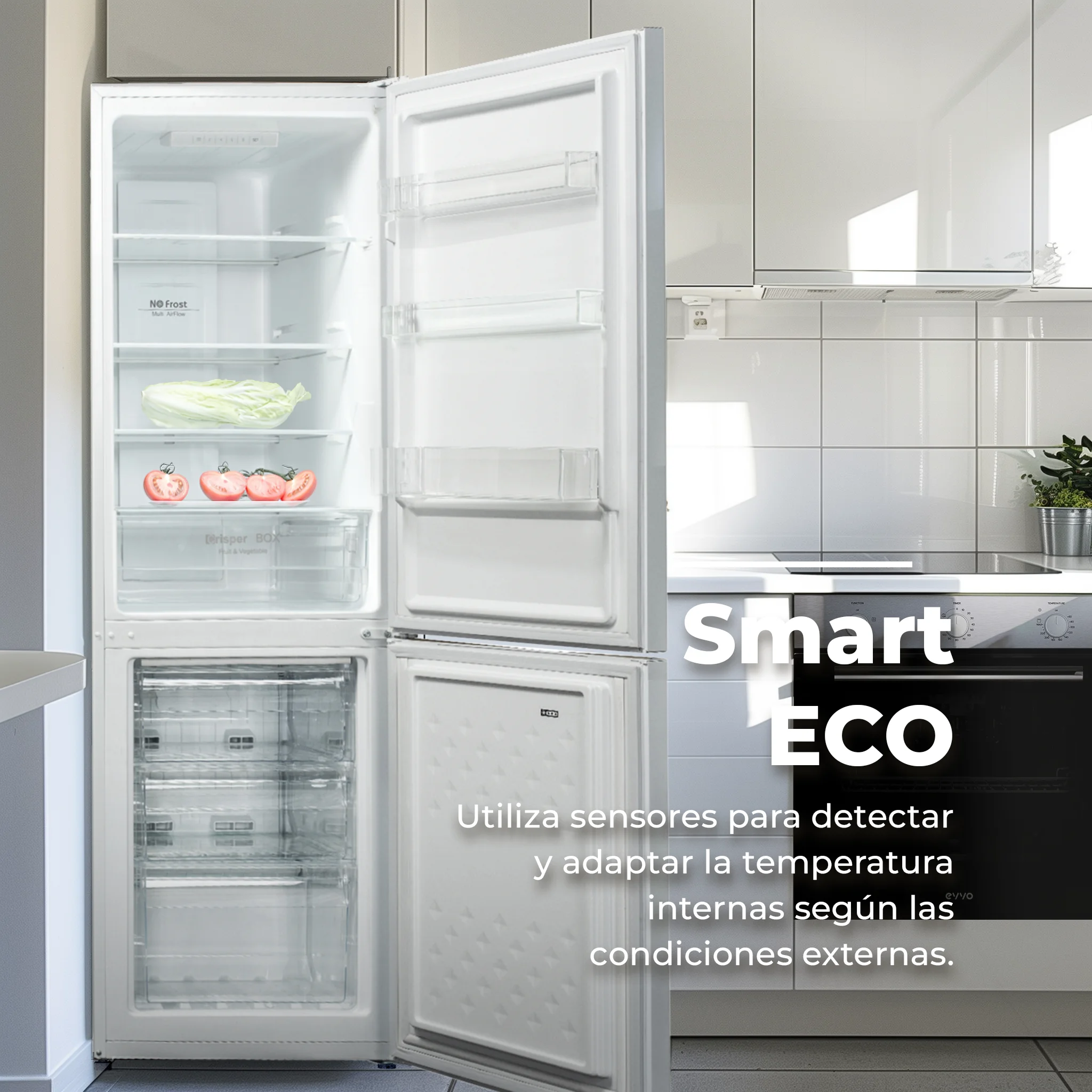 EVVO F52 – High Performance No Frost Combi Refrigerator, 250-300L Capacity, Stainless Steel, Features Inverter Motor for Quiet Operation, Multi Air Flow Cooling, LED Interior Light, ECO Technology, Fast Cooling Function, Energy Efficiency Class E.