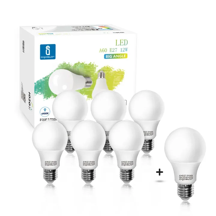 Aigostar Bombilla LED E27 12W, Luz blanca fría 6500K, 1070 lúmenes, Lámpara A60, Ángulo 280º, Caja de 7 unidades