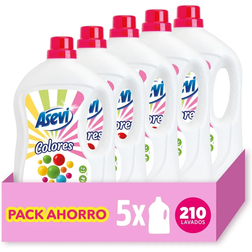 Asevi Detergente Colores 42 Dosis, Pack Ahorro 5x42 Dosis Total 210 Lavados, Especial para Ropa de Color, Fórmula Concentrada, Fija y Protege los Colores, Evita Transferencias de Color