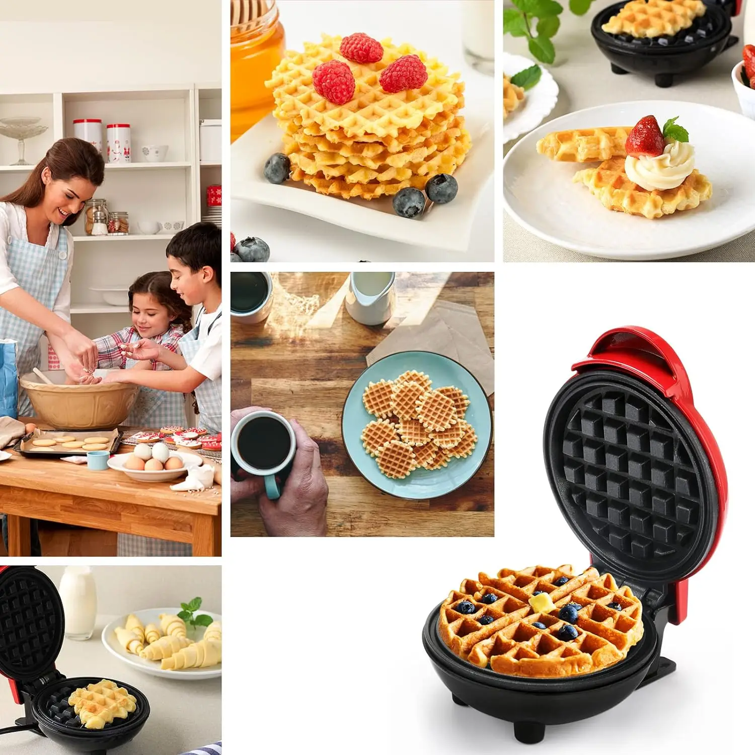350W Mini Waffle Maker, single Waffle Maker, Waffle Maker, Waffle iron machine, non-stick, handle with cold touch, small automatic appliance for kitchen, family party celebration, pastry, cafeteria, Bar, red