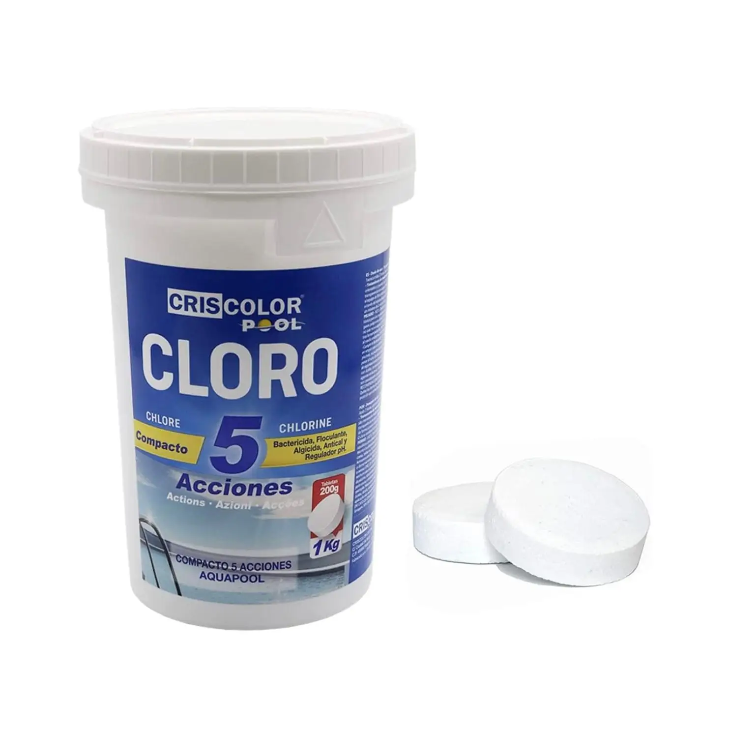 Cloro Compacto Piscina 5 Acciones y Pastillas de Cloro 5 Acciones de 200g Compactos (1kg) o Granulado- Bote de 1Kg y 2 Kg