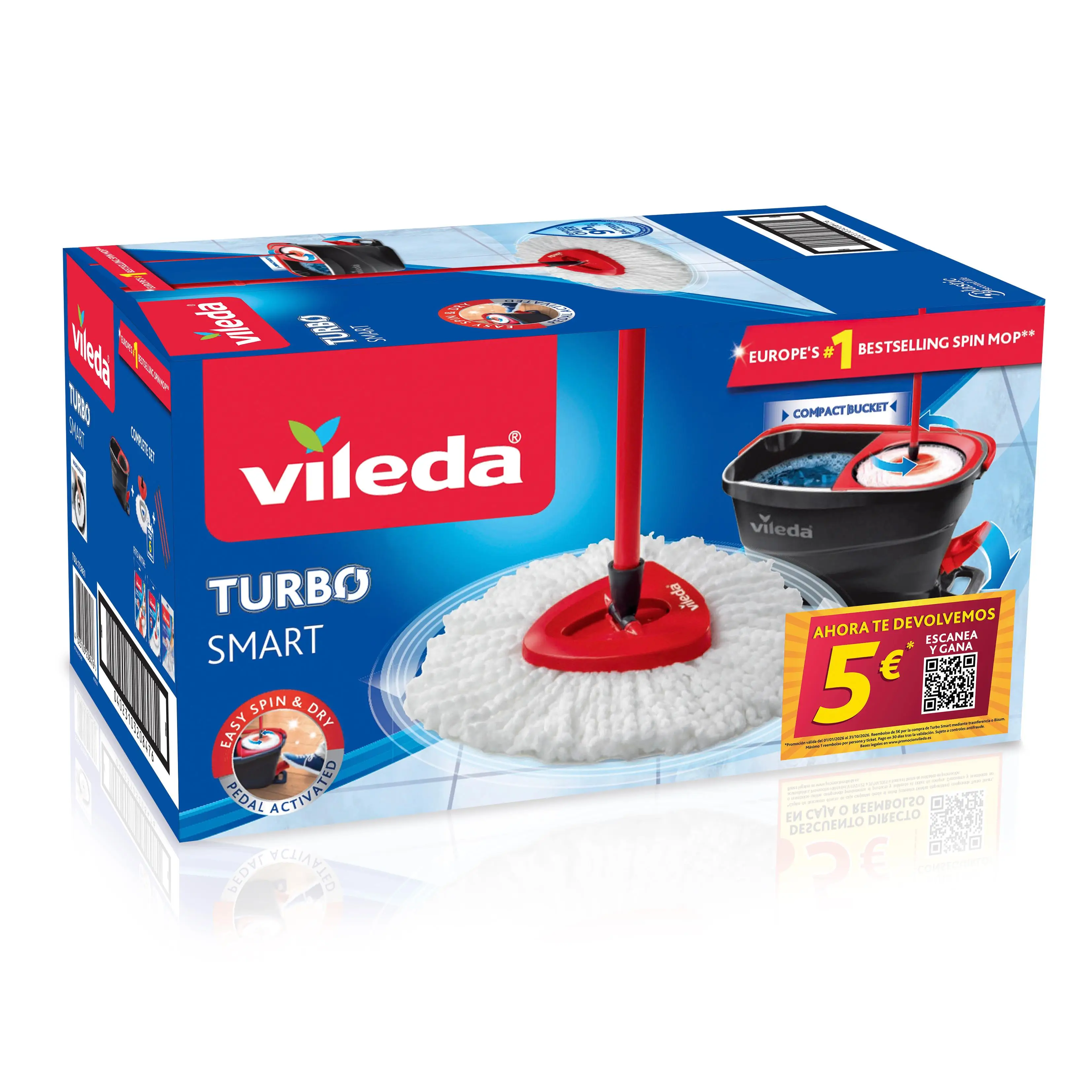 Vileda |   Turbo smart system |   Complete mop set with anti-splash draining bucket |   Eliminates over 99% of bacteria and viruses even with water alone * |   Made of 100% microfiber to remove any dirt.