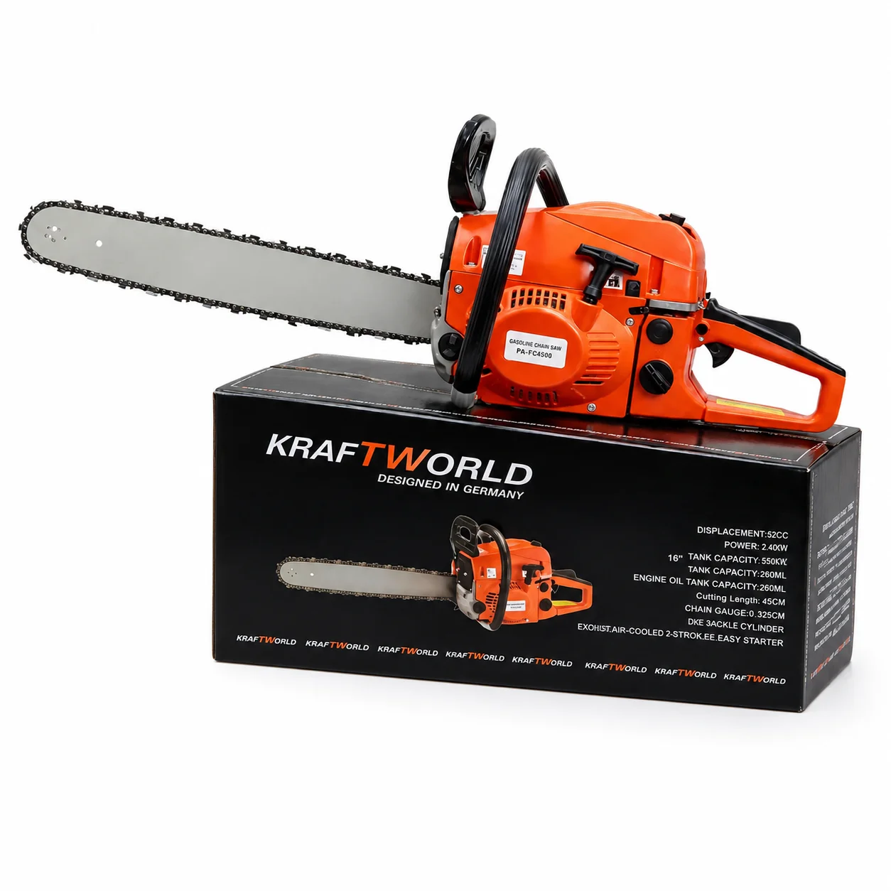 Motosierra  KARFTWORLD de gasolina de 52 cc y 2,6 kW, hoja de 45 cm, motor de 2 tiempos, alta potencia, arranque fácil, ideal para cortar leña y plantas de jardín.