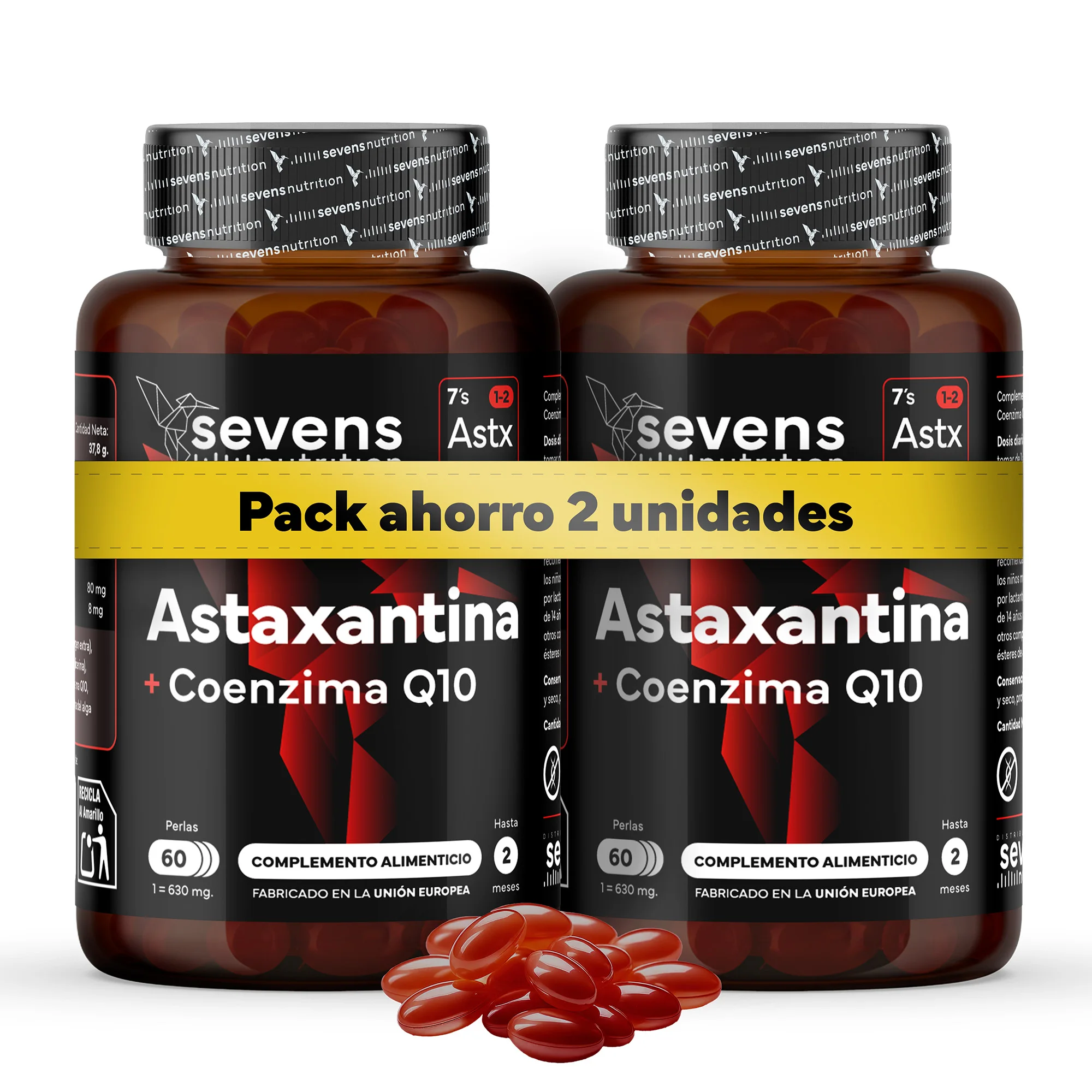 Pack 2x Astaxantina 8 mg Astapure® – Con Coenzima Q10 y Aceite de Oliva Virgen Extra – 120 Perlas – Sevens Nutrition