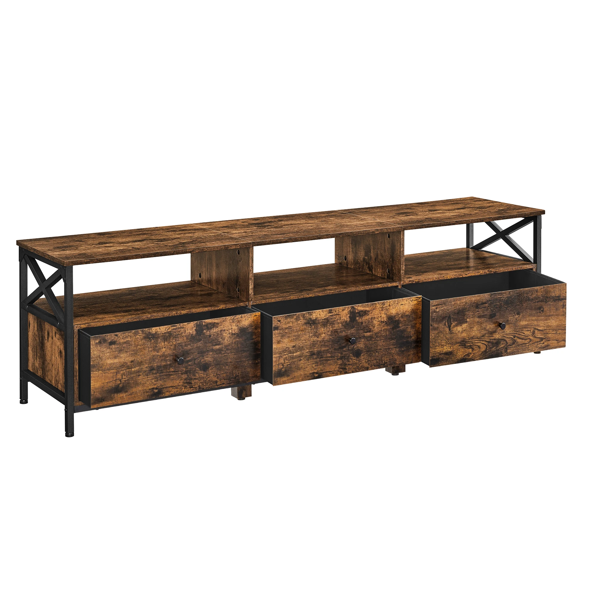 VASAGLE Mobile TV, Tavolo TV fino a 80 pollici, con 3 cassetti in tessuto e 3 scomparti aperti, 178 x 40 x 50 cm, per soggiorno, camera da letto, struttura in acciaio, marrone rustico e nero
