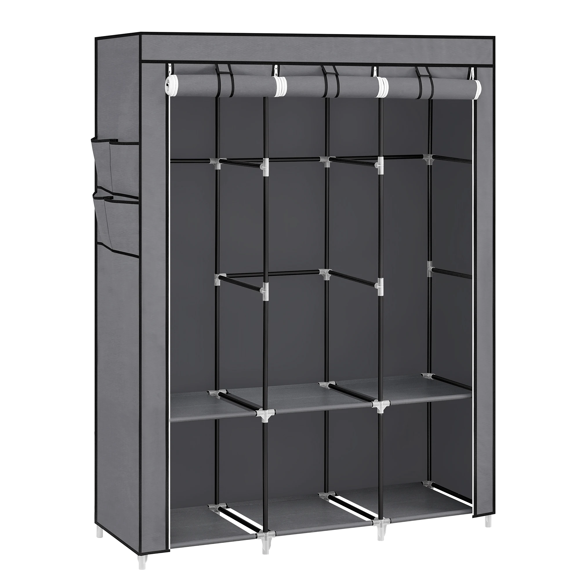 SONGMICS Armario de Ropa, Armario de Tela Portátil, con 3 Barras para Colgar, Estantes, 4 Bolsillos Laterales, 45 x 130 x 167 cm, Espacioso para Dormitorio, Salón, Gris/Negro