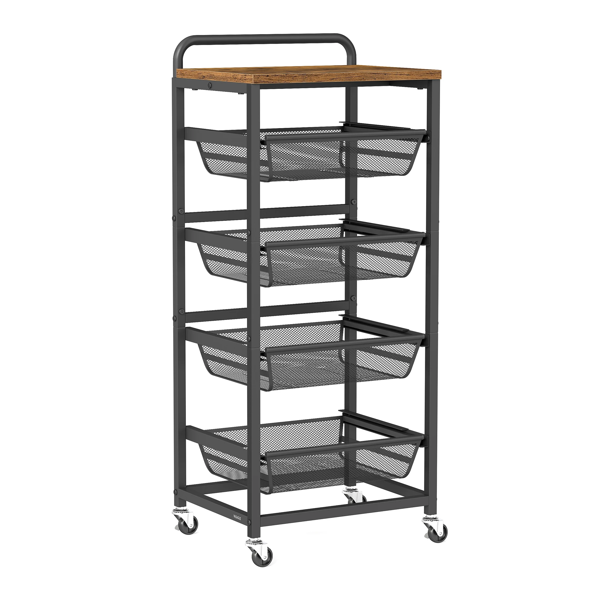 VASAGLE Carrito de Almacenaje de 5 Niveles, con Cestas Extraíbles, Estante de Cocina con Ruedas y Asa, 31,7 x 40 x 95 cm, Marrón Rústico y Negro Tinta