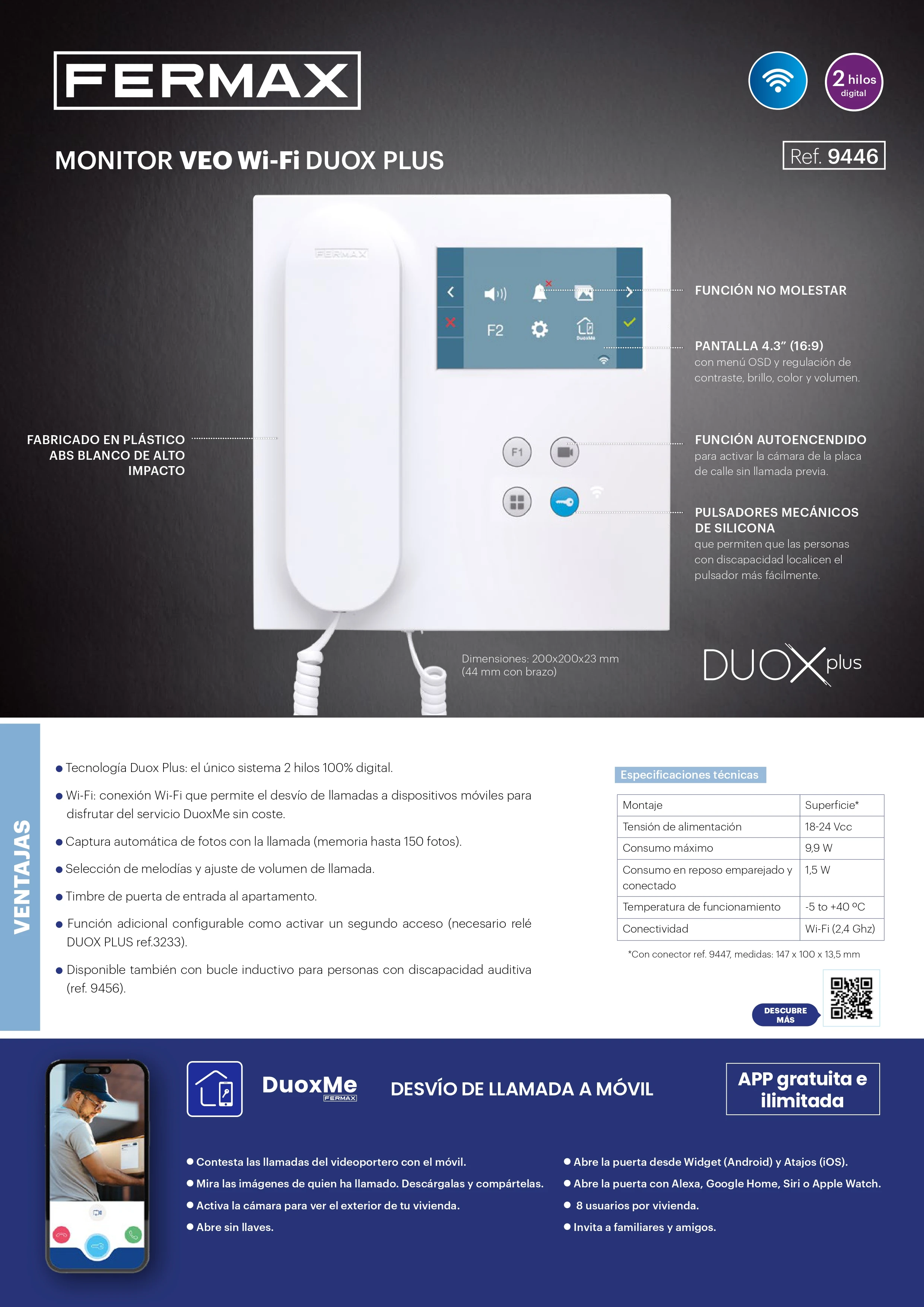 Fermax 9446 veo wifi monitor 4.3" duox plus 2 wires white