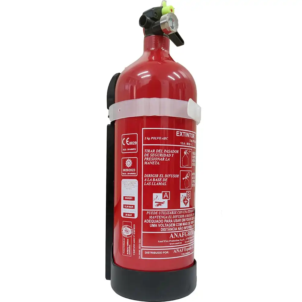 Extintor de 2 Kg. polvo ABC eficacia 13A-89B-C con manómetro y soporte plástico para coche, embarcación, marcado CE, cuerpo de aluminio