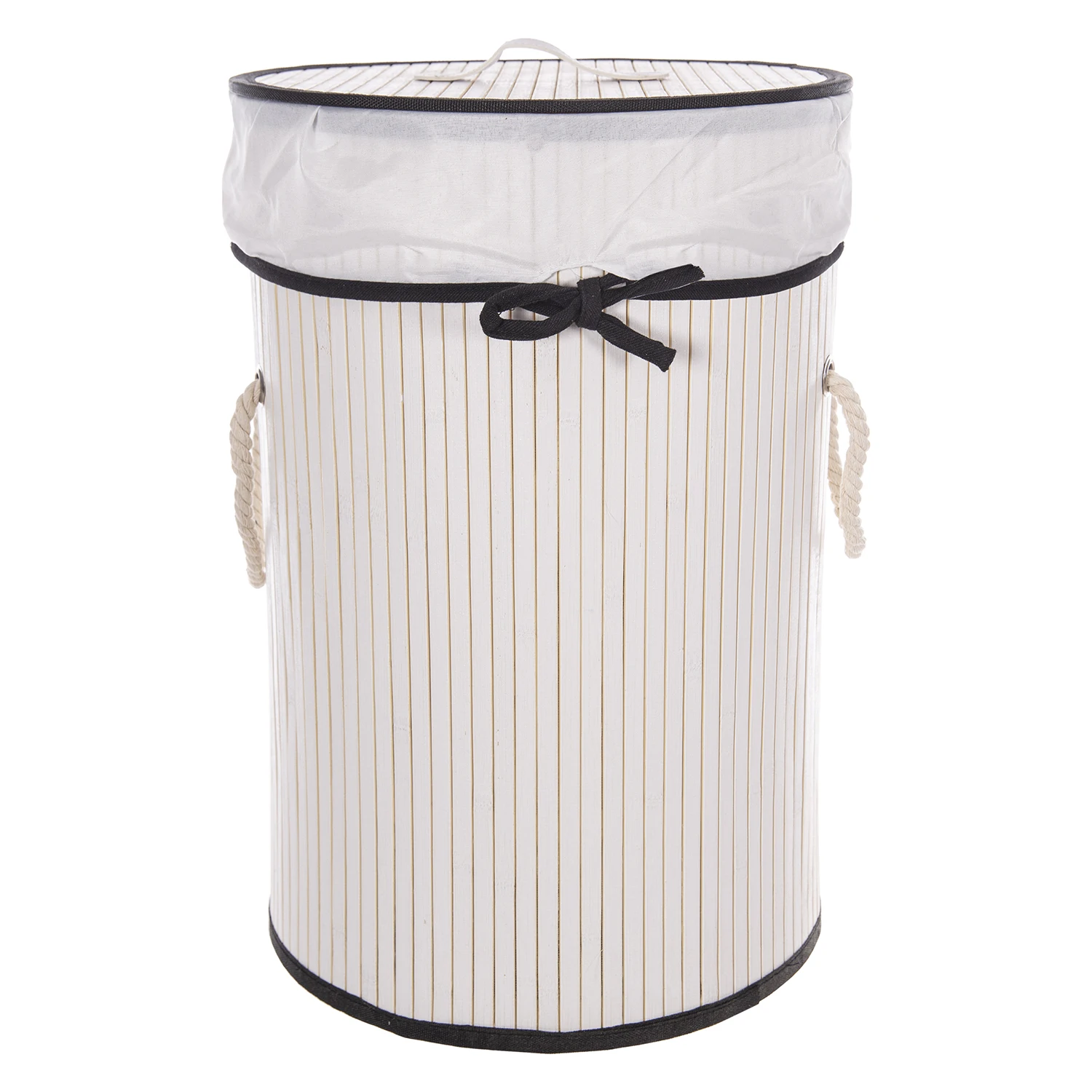 CM White Bamboo Storage Basket, Folding Box with Lid, Bow and Handles, Round Size, Vertical Cylindrical, 2 Size Choose