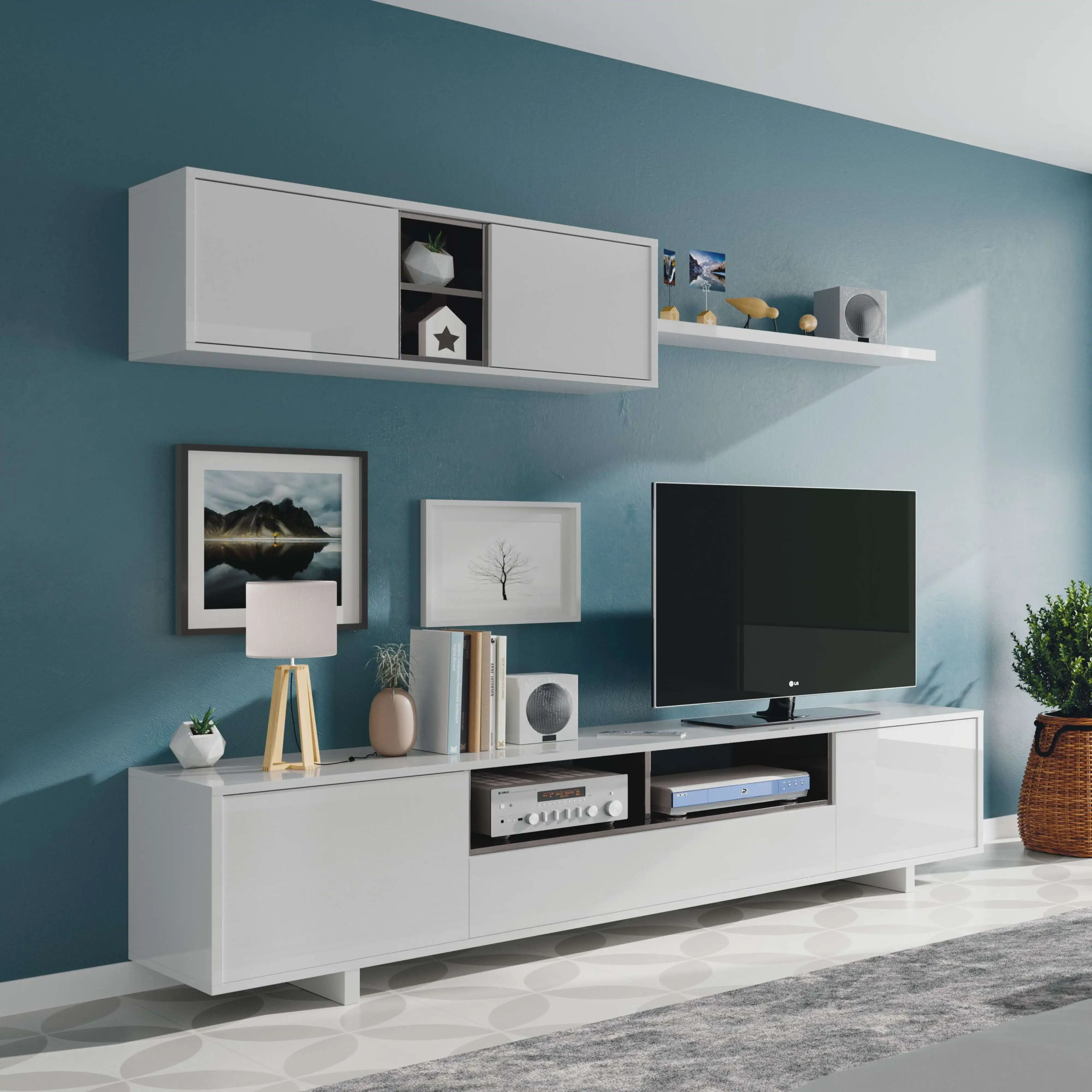 Miroytengo Mueble de Salón Comedor Moderno Blanco Belus (módulo inferior 200x46x41 cm + módulo superior 105x35x29 cm + estante 95x3x21 cm)