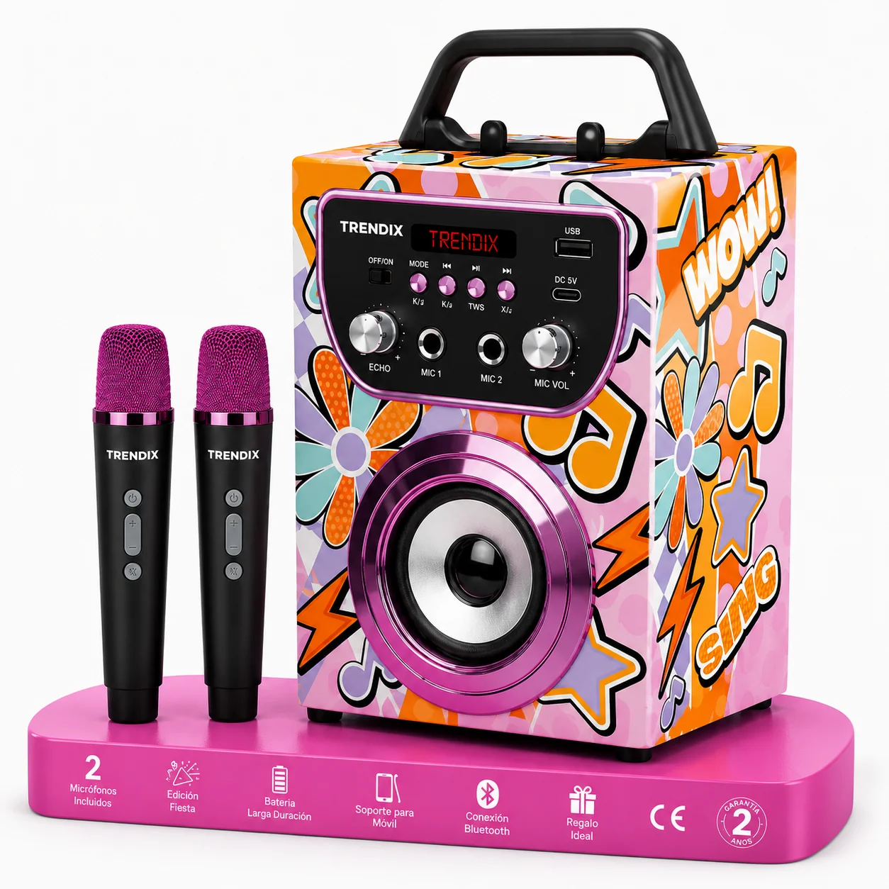 Trendix - Karaoke 2 Microfonos Inalambricos Magic Melody | Karaoke Infantil | Altavoz con Microfono | Altavoz Bluetooth con Microfono Y Radio FM | Juguetes para Niñas | Regalo Niña 10 Años