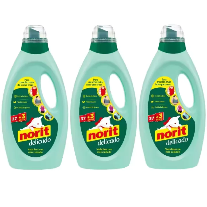 Norit Delicado Verde 1.215 ml (Pack 3x) – Detergente Líquido para Ropa Delicada, 40 Lavados, Suaviza, Protege y Perfuma.