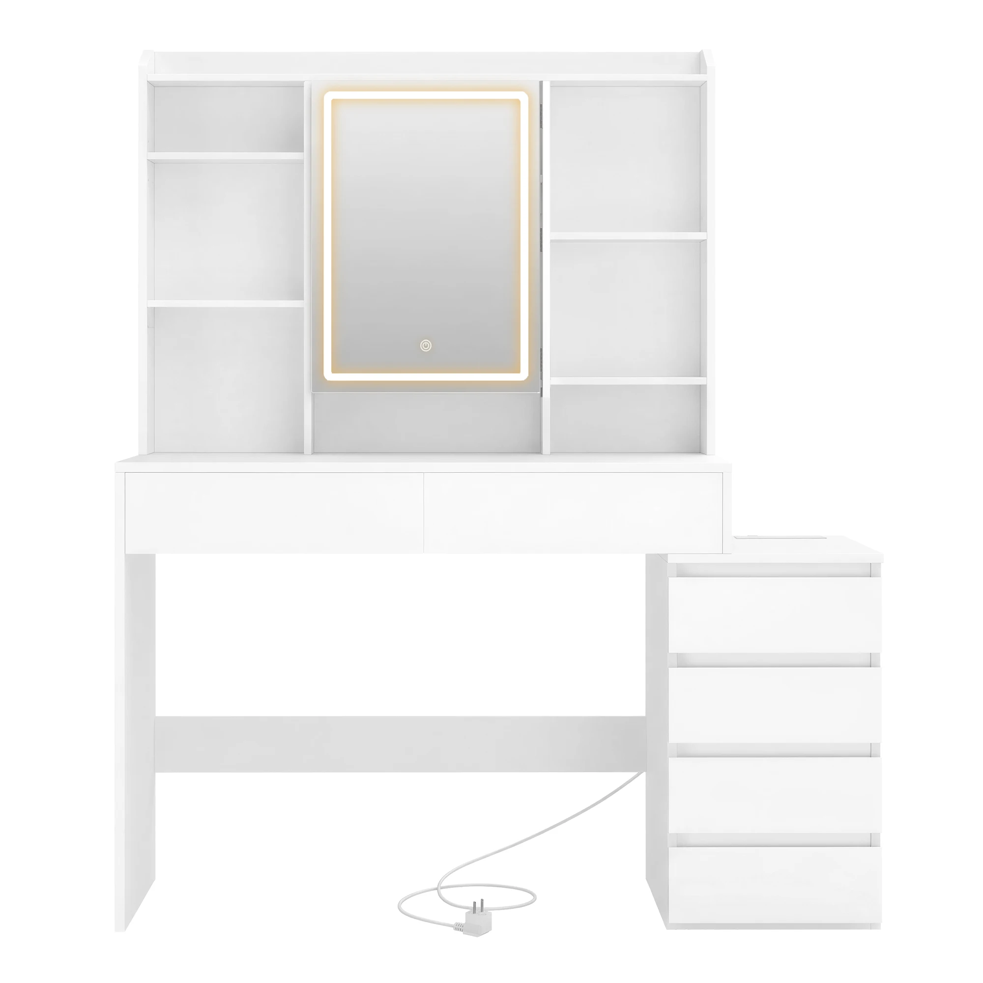 VASAGLE Tocador, con Gran Espejo LED de Brillo Regulable, Regleta, 40 x 124,7 x 145 cm, Blanco