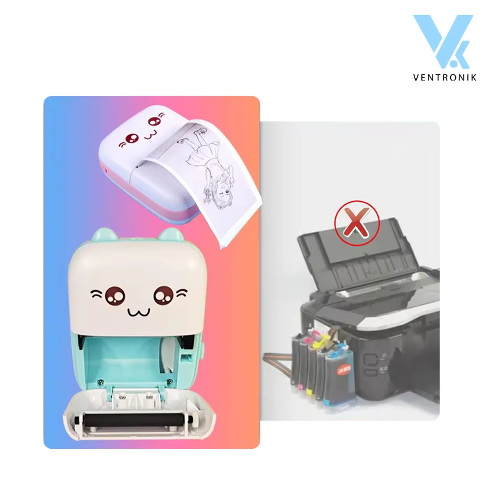 Ventronik mini thermal portable mobile printer - inkless printer - gatoprint - catprint - compatible with ios - android - rechargeable - bluetooth