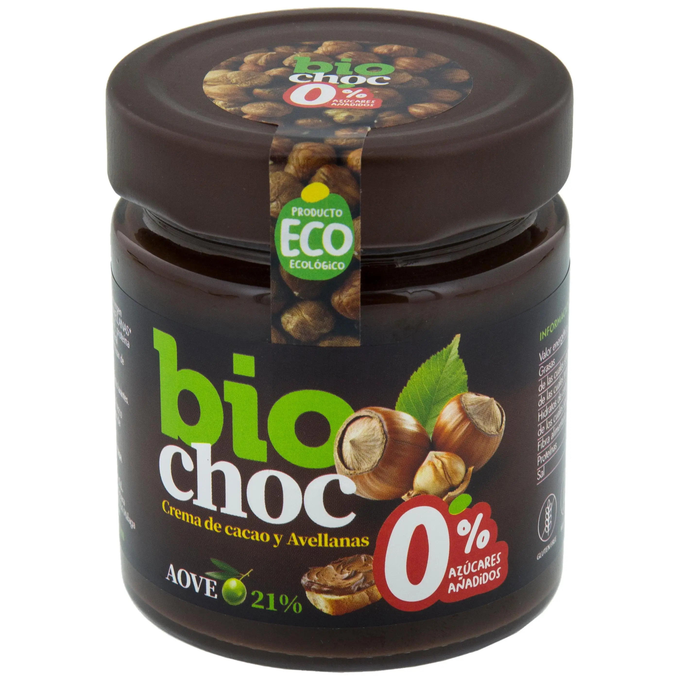 Biochoc avellana 0% azúcares añadidos, 200 g - Crema cacao para untar ecológica con aove y avellana, sin azúcares añadidos