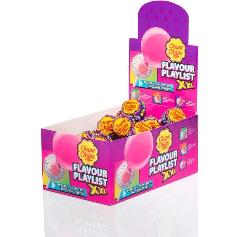 Caja de Chupa Chups XXL slim con 25 unidades de 29 gr cada una - Chupa ChupsXXL es más grande y ofrece una combinación de sabores única; tiene diferentes capas de sabores de caramelo y un chicle enorme en su interior, es práctico e higiénico