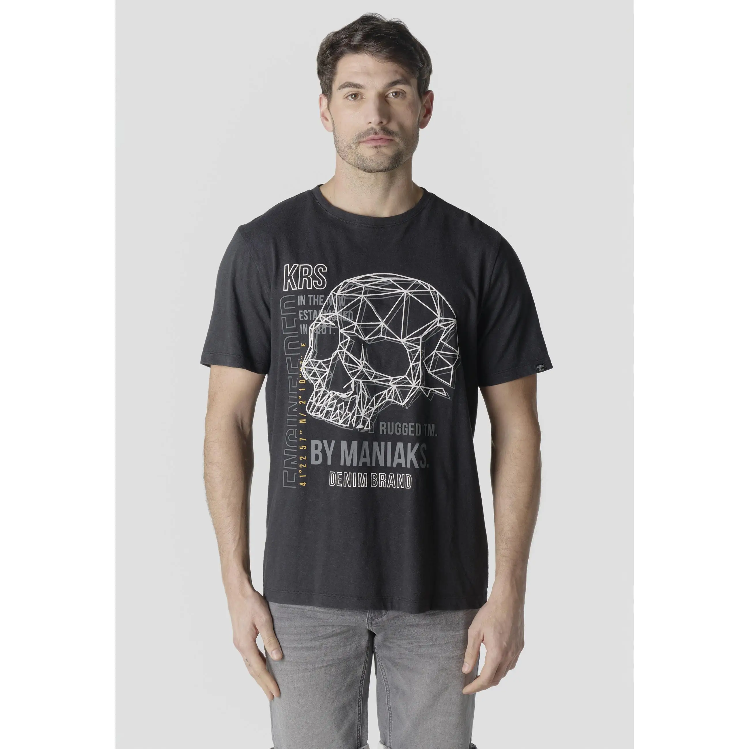 Koroshi Camiseta Hombre Manga Corta Estampado Calavera Geométrica Negra – Koroshi