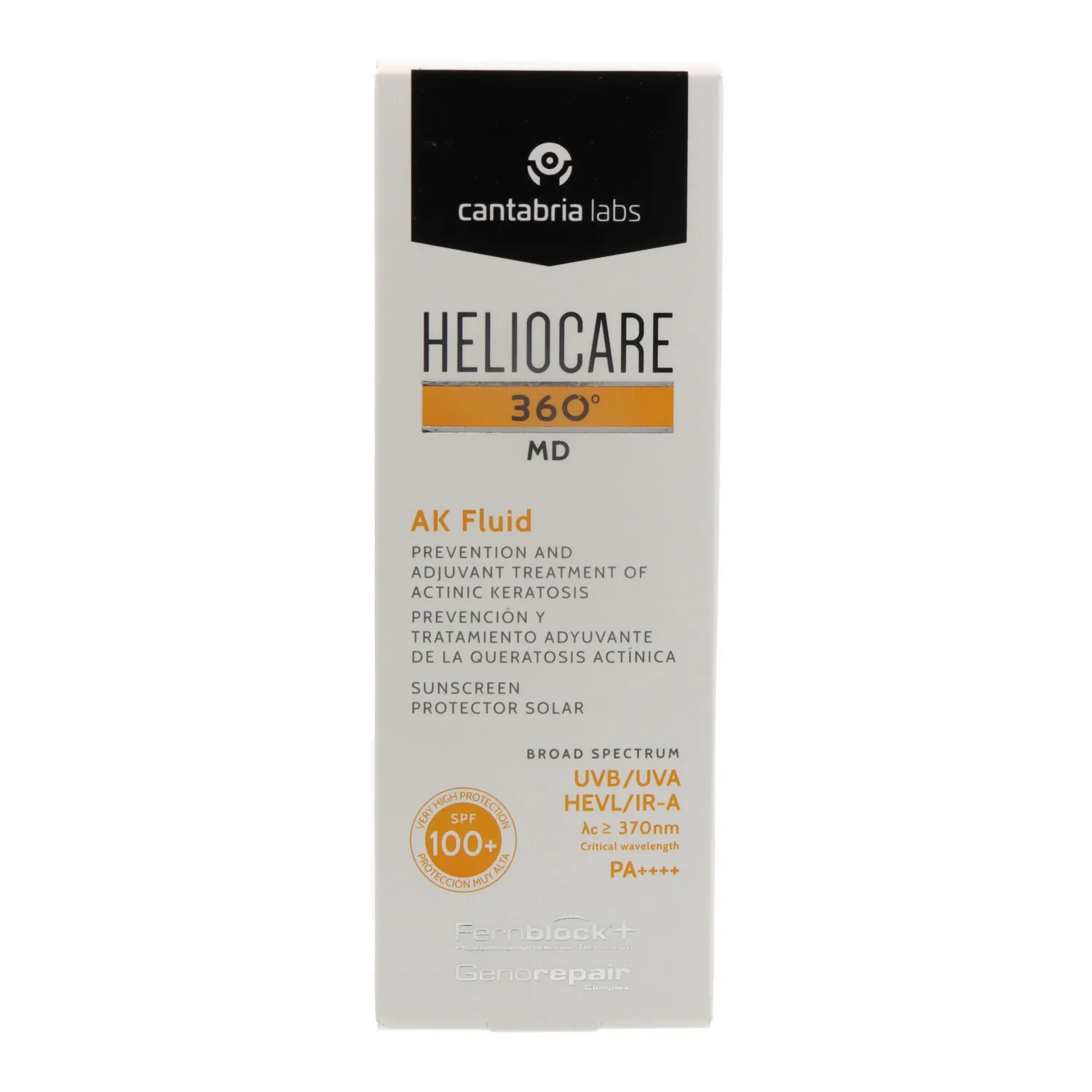 Heliocare 360 MD AK Fluid SPF100 50 ml sunscreen with GenoRepair® Complex for DNA repair, non-comedogenic fluid texture, tested dermatologically and ophthalmologically for strong UV protection.
