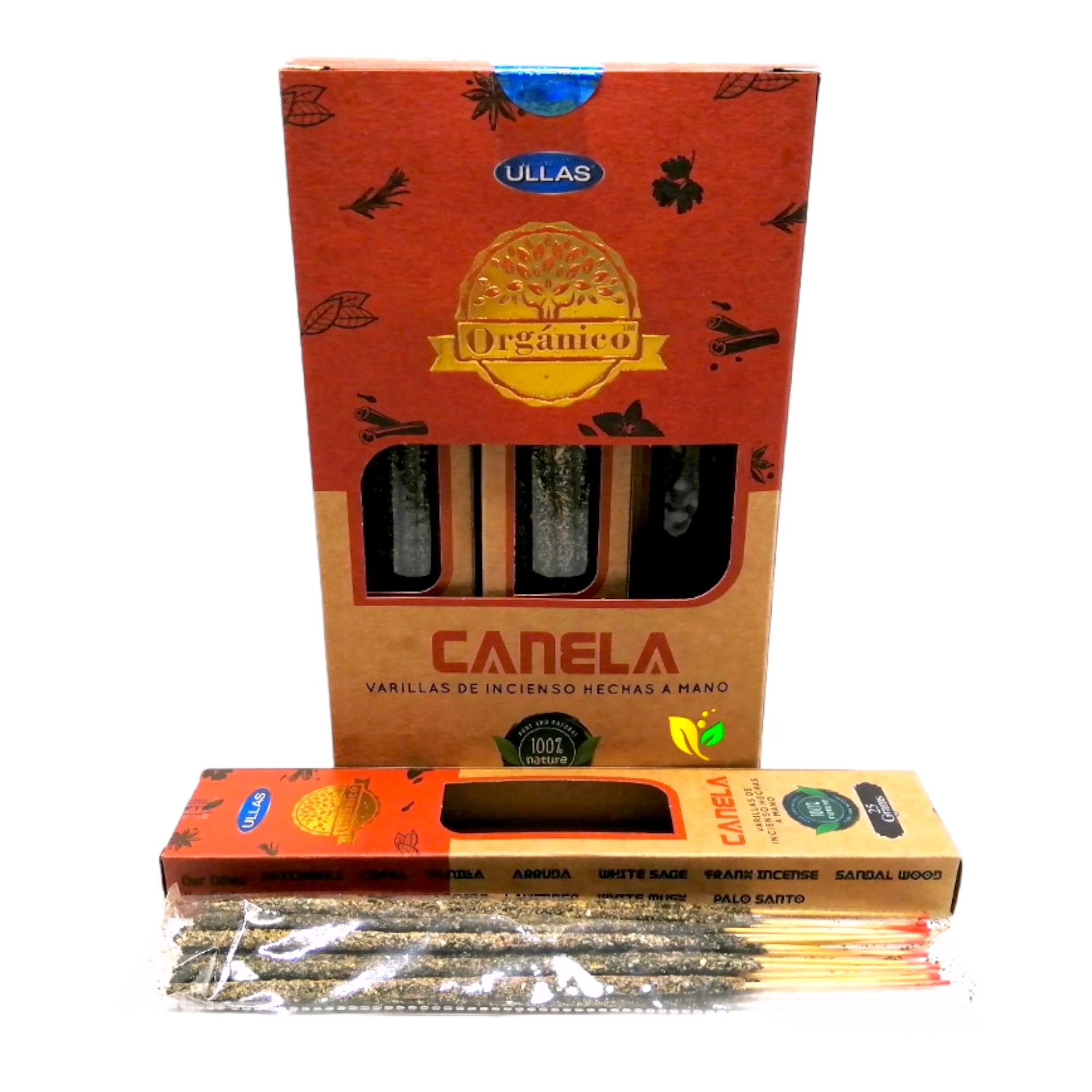 Incienso Orgánico Canela Ullas Hechos a Mano sin Mano de Obra Infantil y con Aceites Naturales, 12 Cajitas de 25g c/u.