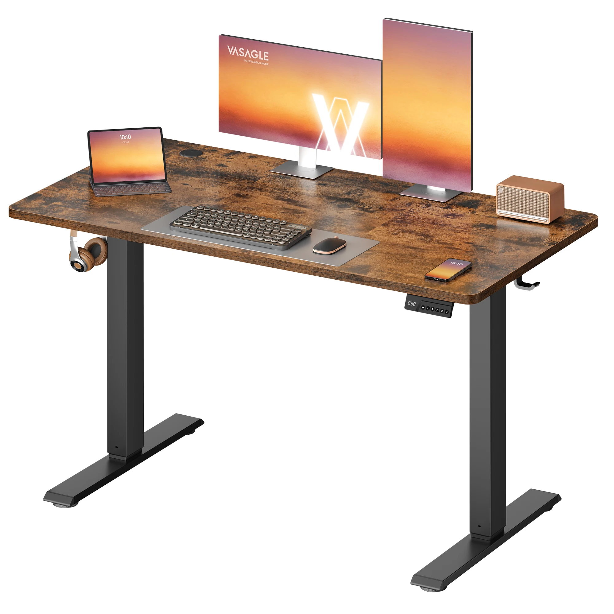 VASAGLE Scrivania Elettrica Regolabile in Altezza, Scrivania per Computer, Promemoria per Sedentarietà, Funzione Memoria con 4 Altezze, per Ufficio, 120 x 60 cm, Marrone Rustico/ Bianco Nuvola/ Rovere