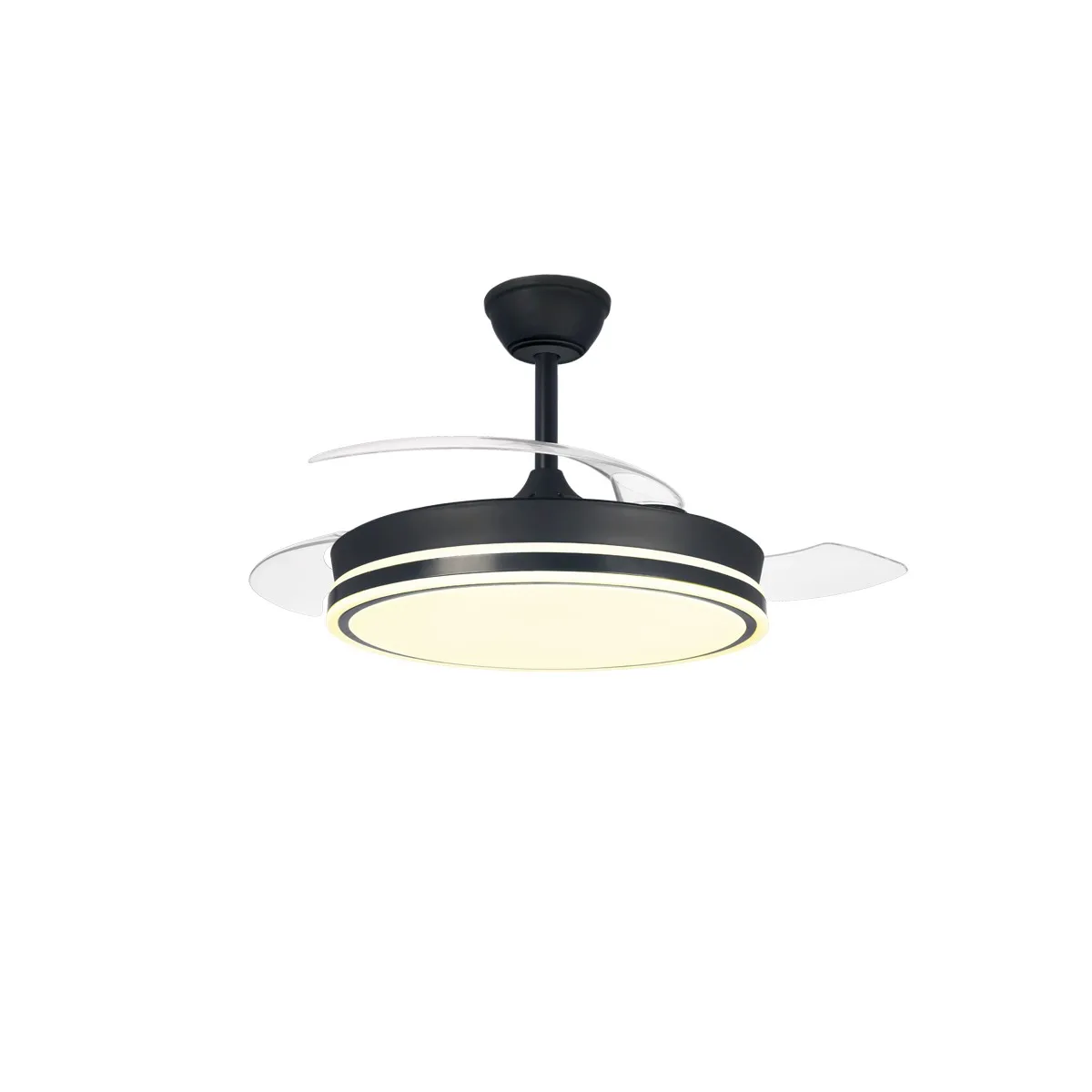 Ceiling fan with 45w led light, iris model with black retractable blades. Dc motor, cct system. Remote control with timer, adjustable light in color and intensity, memory, breeze mode and winter/summer function