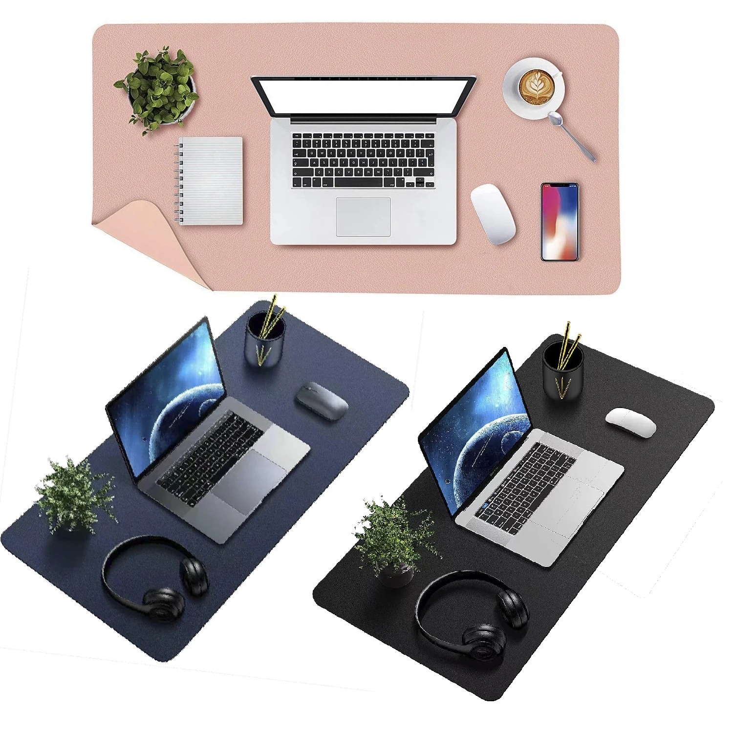 Negro/Azul Alfombrilla De Raton Y Teclado Escritorio, 800X400x2mm Esterilla Del Escritorio De Oficina, Antideslizante E Impermeable En Cuero Pu, Alfombrilla Del Ordenador Portátil En Color Liso, Y