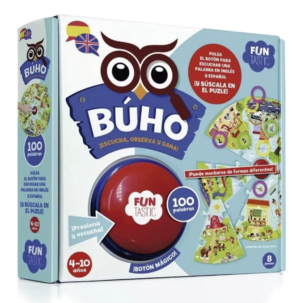 Juego Educativo Búho Puzle Botón (100 Palabras), Inglés - Español, 4-10 años, Ideal para ampliar el vocabulario, Idiomas, Imagiland, FUN008, envío urgente 24-48 horas península