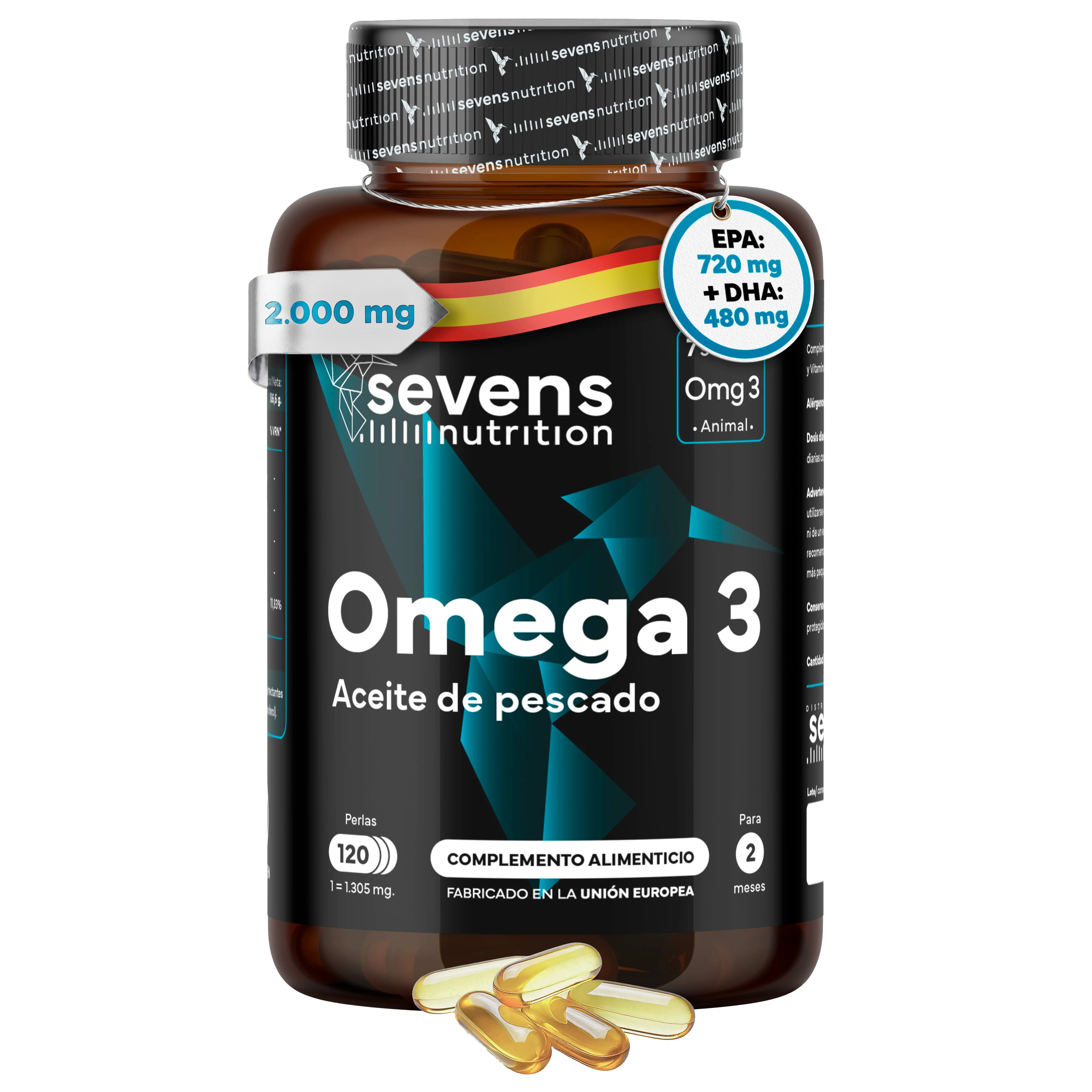 Omega 3 de Pescado 2000 mg – 120 Cápsulas – Aceite de Pescado con 720 mg DHA y 480 mg EPA – Sevens Nutrition