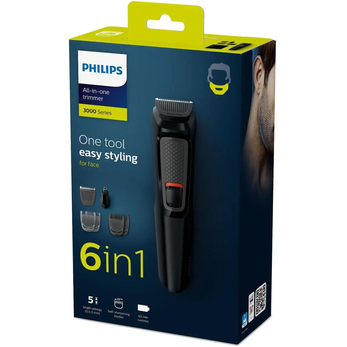 Philips Multigroom Series 3000 MG3710 6 in 1 multifunction trimmer stainless steel blades 60 minutes range washable accessories