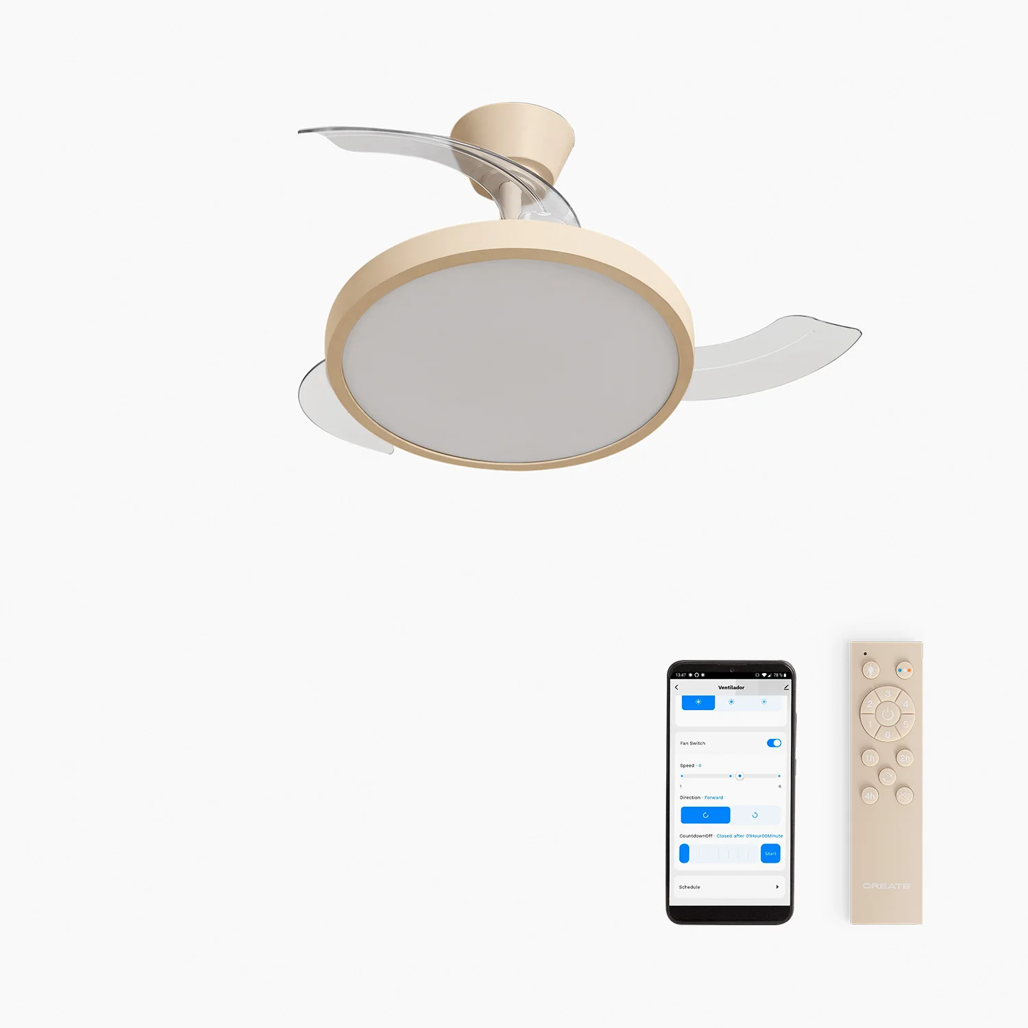 Create - 40w silent retractable blade ceiling fan with led light, with light, size ø91cm or ø108 cm - wind clear studio