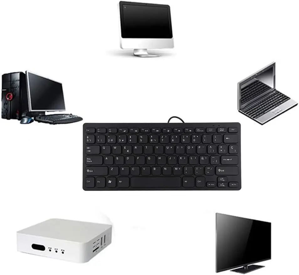 Spanish keyboard with ultra-thin cable, black or black with 78 key usb connection, plug and play, robust and silent portable keyboard for office games