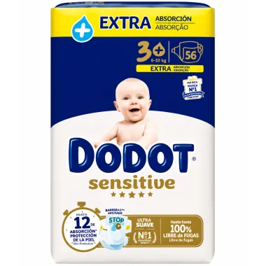 Dodot Sensitive Extra Talla 3+ (6-10 kg) 56 Pañales – Barrera Stop Fugas y Extra Protección Dodot