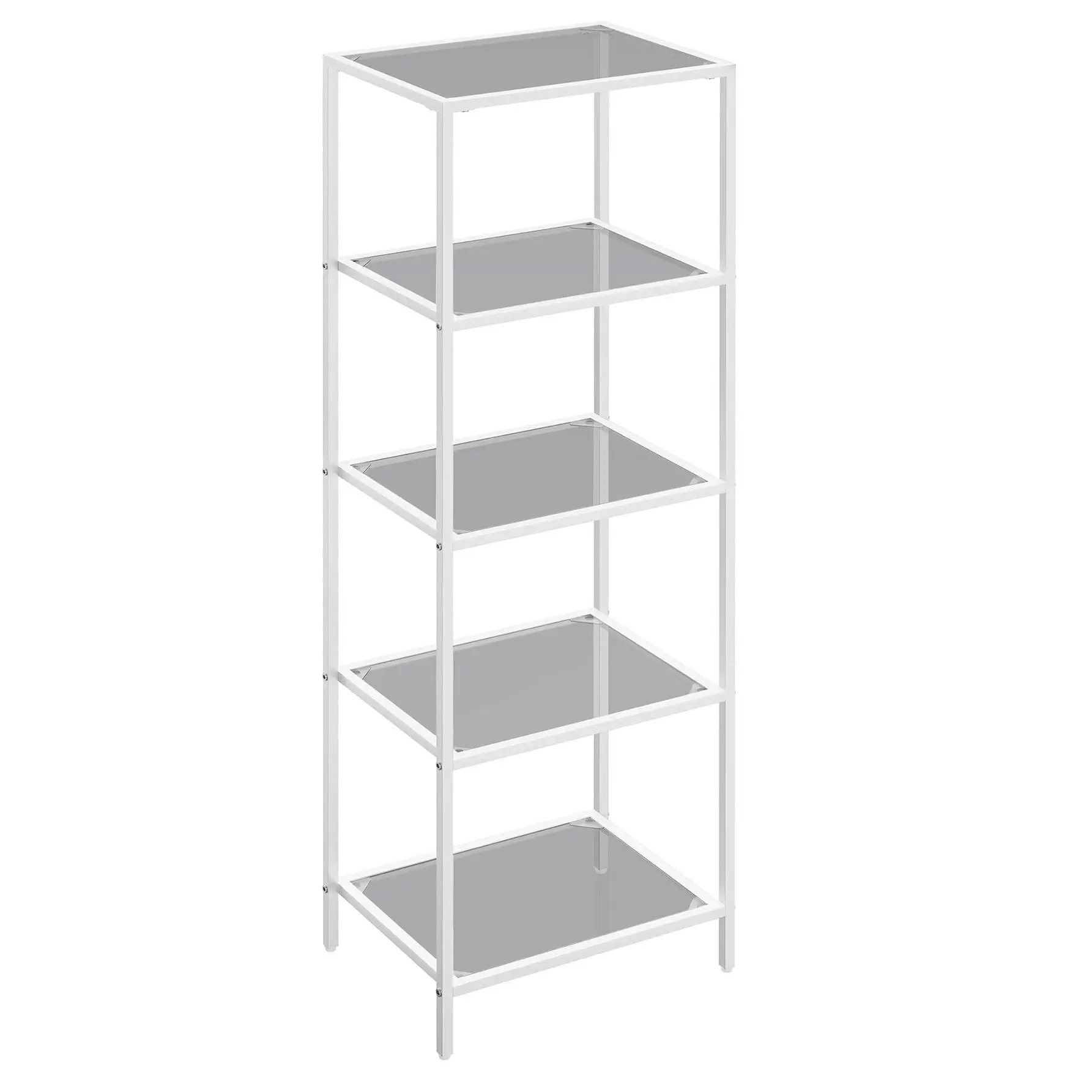 VASAGLE Estantería de Cristal de 5 Niveles, Librería, Expositor, Cristal Templado, Fácil de Montar, para Baño, Salón, Dormitorio, Oficina, Blanco Perla y Gris Pizarra/Dorado/Negro