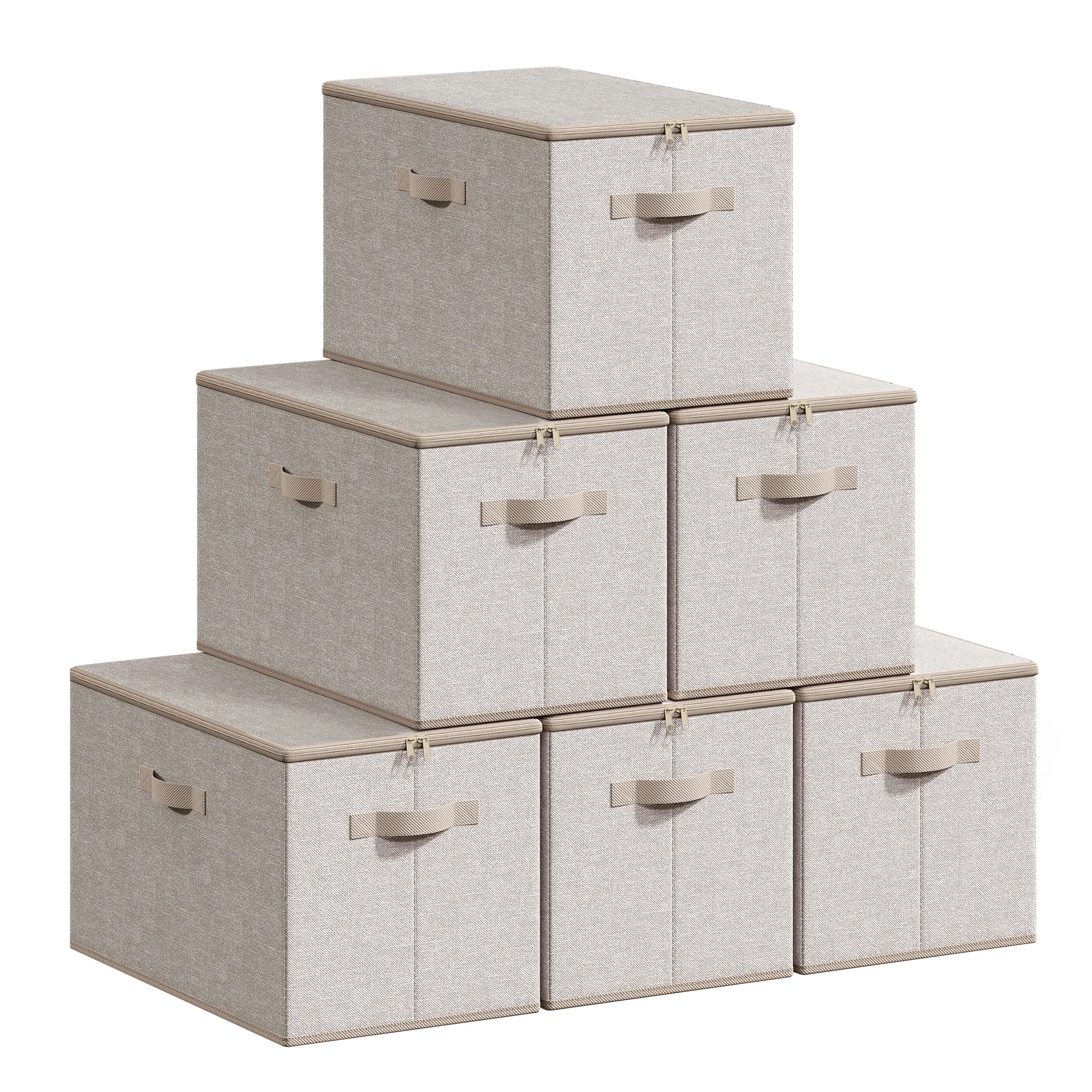 SONGMICS Cajas de Almacenamiento Plegables, Juego de 6 Organizadores en Cajas con Tapas y Asas, para Ropa, 50 x 30 x 30 cm, Tejido de Tela No Tejida, Beige Arena/Gris Pizarra