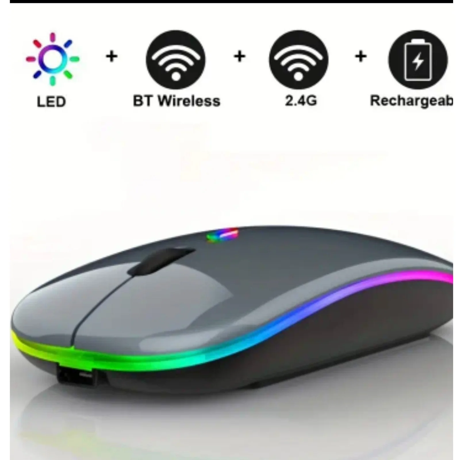 Wireless mouse with Bluetooth connectivity, rechargeable design, and 2.4 GHz USB receiver, featuring a modern ultra-thin build, 1600 DPI sensitivity, and 6 buttons, ideal for gaming and compatible with PC, laptop, and MacBook.