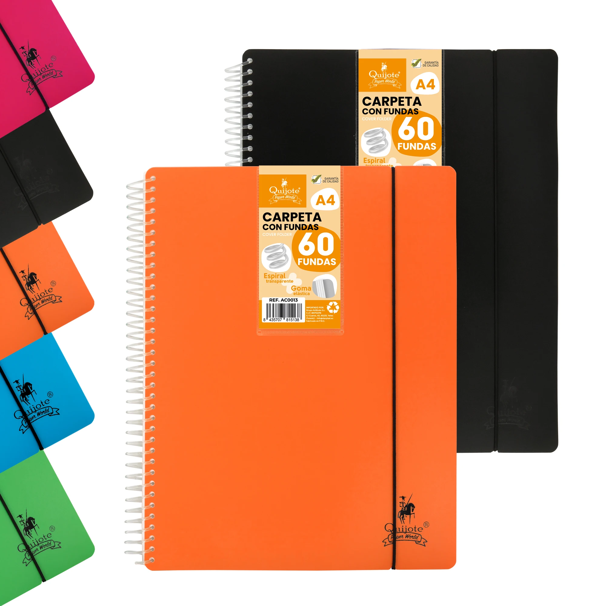 Quijote Paper World Carpeta 60 fundas A4 Polipropileno. Espiral transparente y cierre con goma