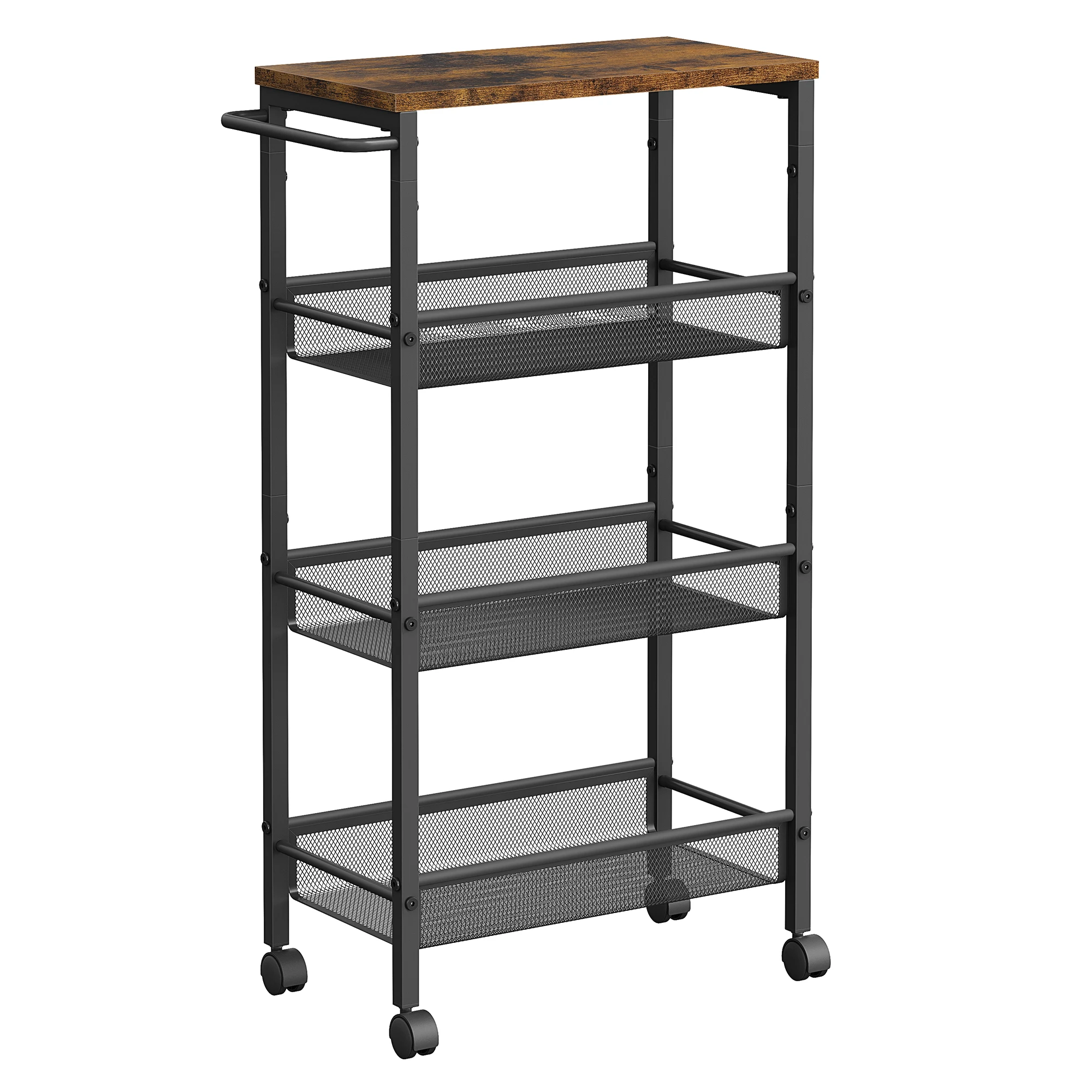 VASAGLE Carro de 4 Niveles, Carro Estrecho de Cocina con Ruedas, con Asa, para Espacio Reducido, 22 x 45,4 x 77 cm, para Cocina, Baño, Salón, Estudio, Marrón Rústico y Negro