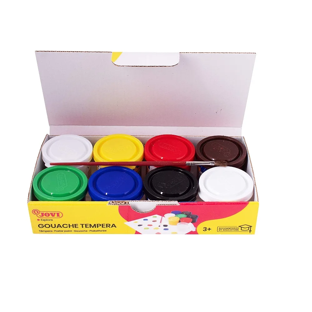 Jovi children's temperas paint set - 7 35 ml jars in assorted colors with brush and mixing bottle. Great covering power, easy application and quick drying. Based on natural ingredients, gluten-free and free of the main allergens.